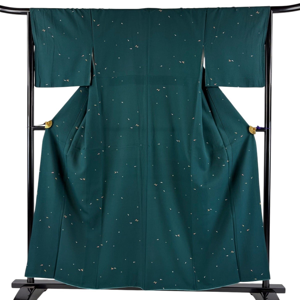 美品】 小紋 身丈155cm 裄丈64cm M 袷 花鳥 華文 深緑 正絹 優品｜中古
