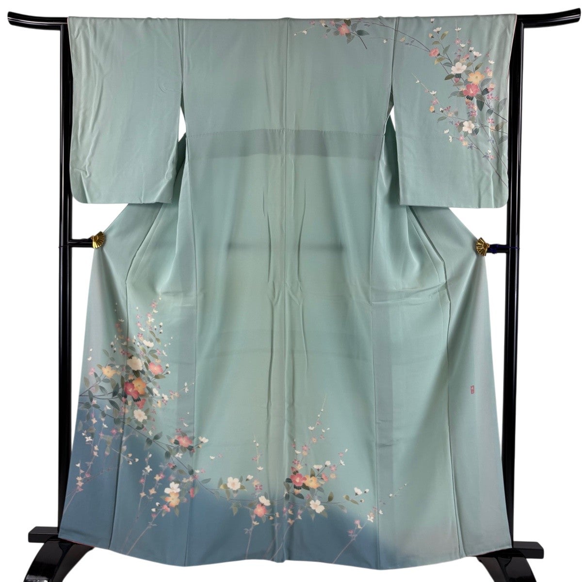 AC2197　訪問着　162㎝　緑青染分け古典草花 訪問着 身丈162.5cm 裄丈66cm M 袷 落款あり 枝花 草花 染め分け