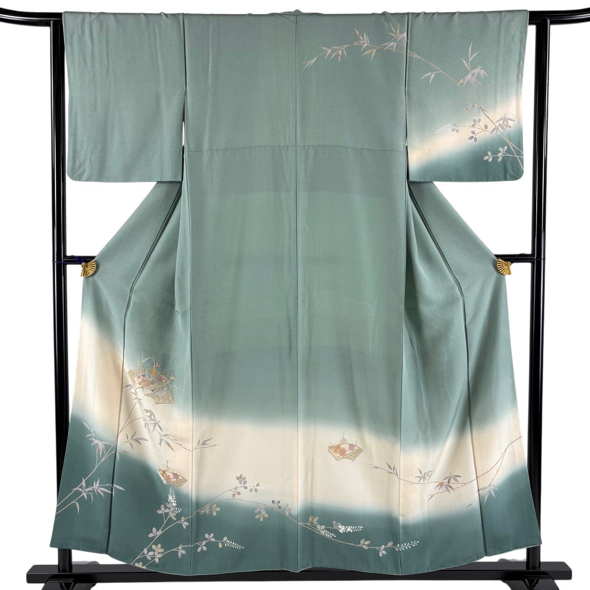 訪問着 身丈158cm 裄丈67.5cm L 袷 扇 松竹梅 金糸 ぼかし 灰緑 正絹