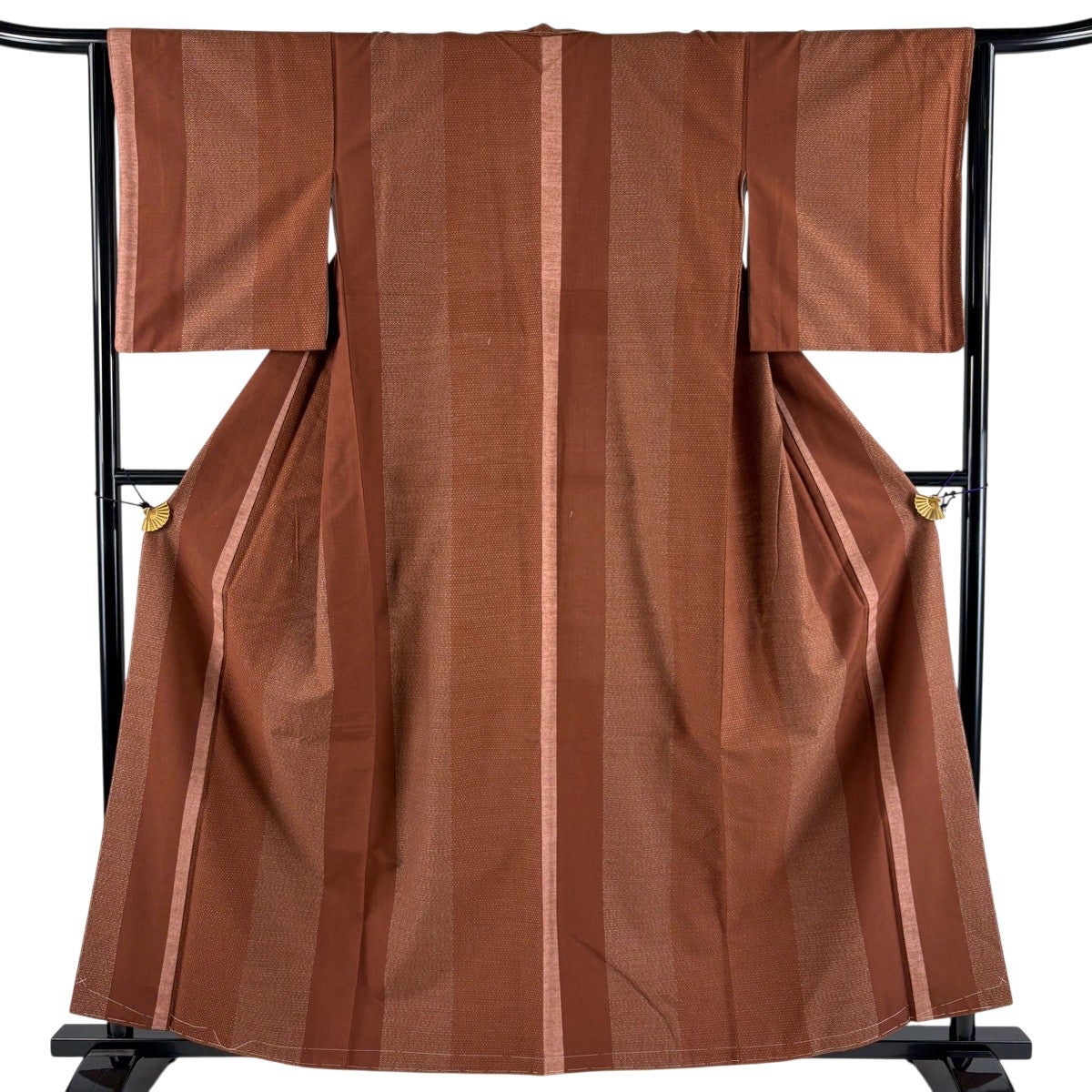 美品】 紬 身丈159cm 裄丈64cm M 袷 ますいわ屋 亀甲絣 縞 茶色 正絹