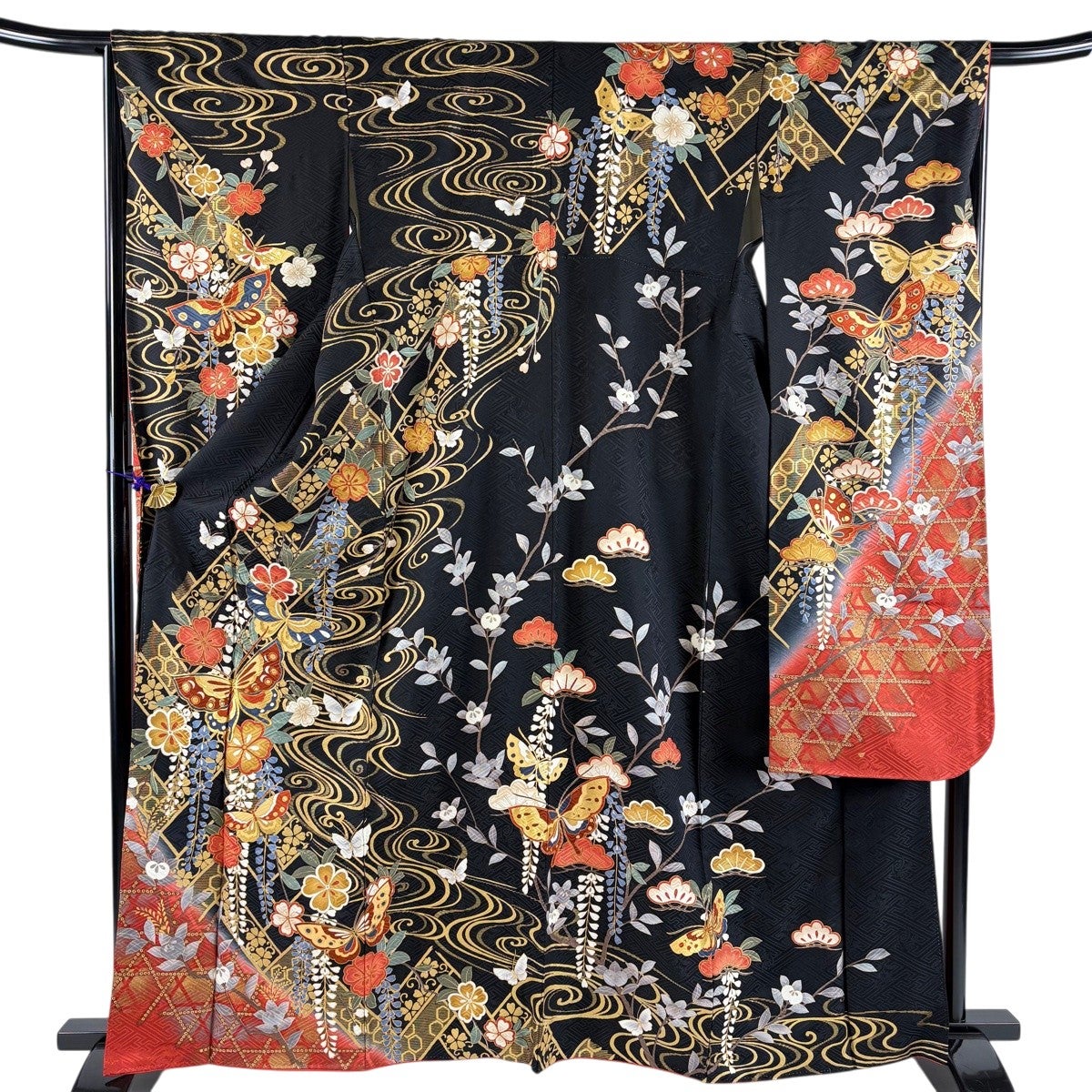 振袖 身丈163cm 裄丈66cm M 袷 蝶 藤 金糸 金彩 黒 正絹 秀品｜中古