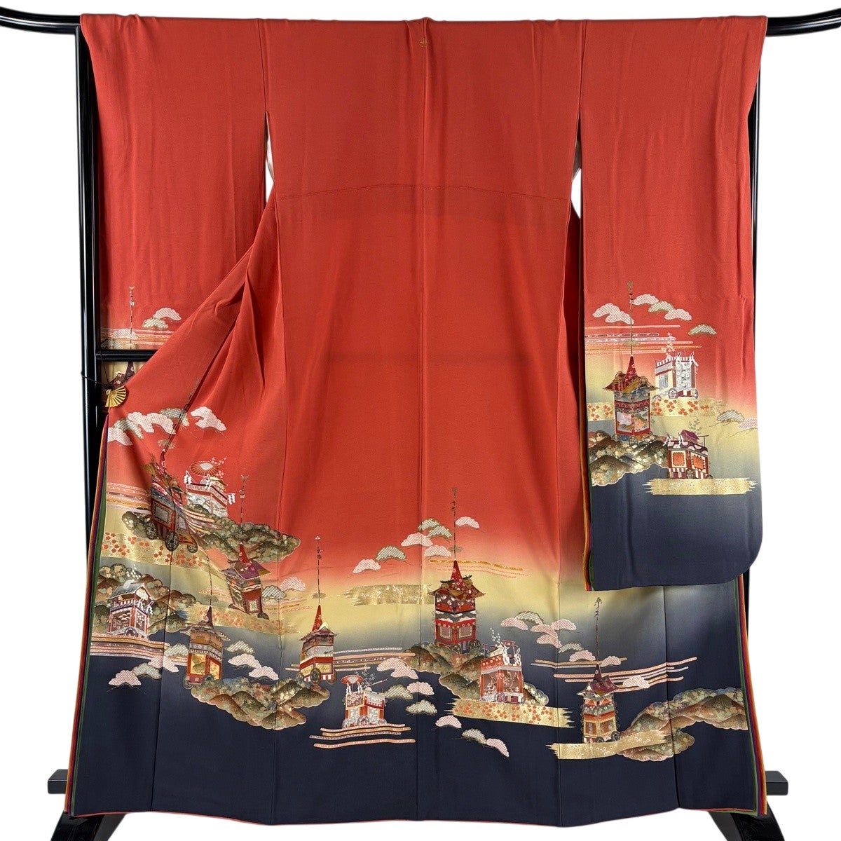 振袖 身丈163cm 裄丈68.5cm L 袷 山鉾 松 金彩 ぼかし 朱色 正絹 秀品