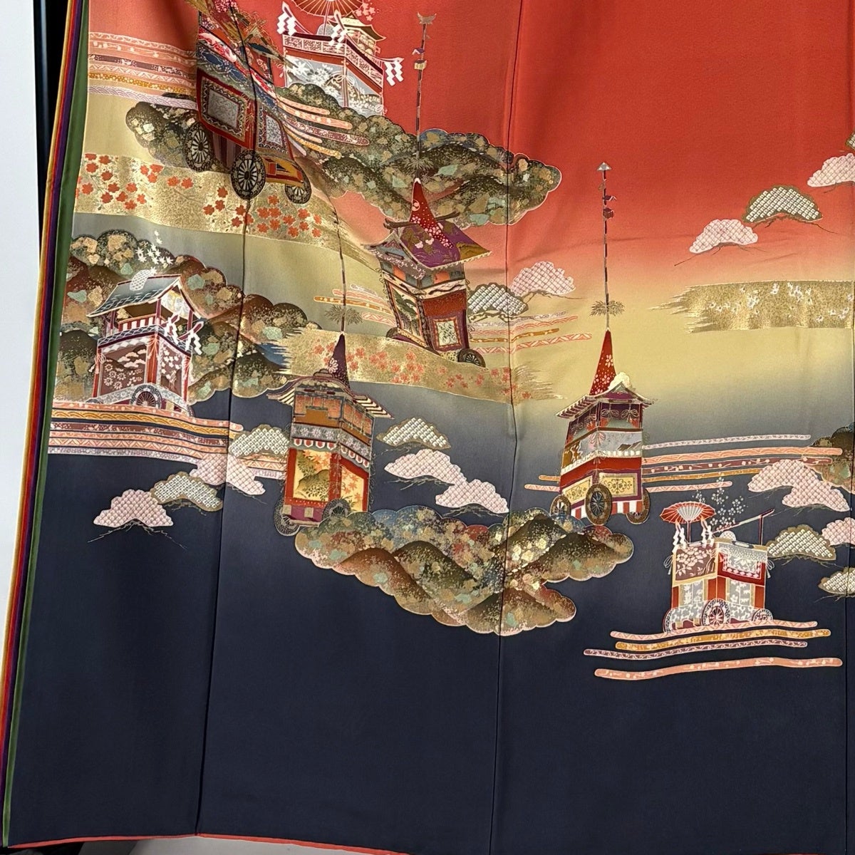 振袖 身丈163cm 裄丈68.5cm L 袷 山鉾 松 金彩 ぼかし 朱色 正絹 秀品