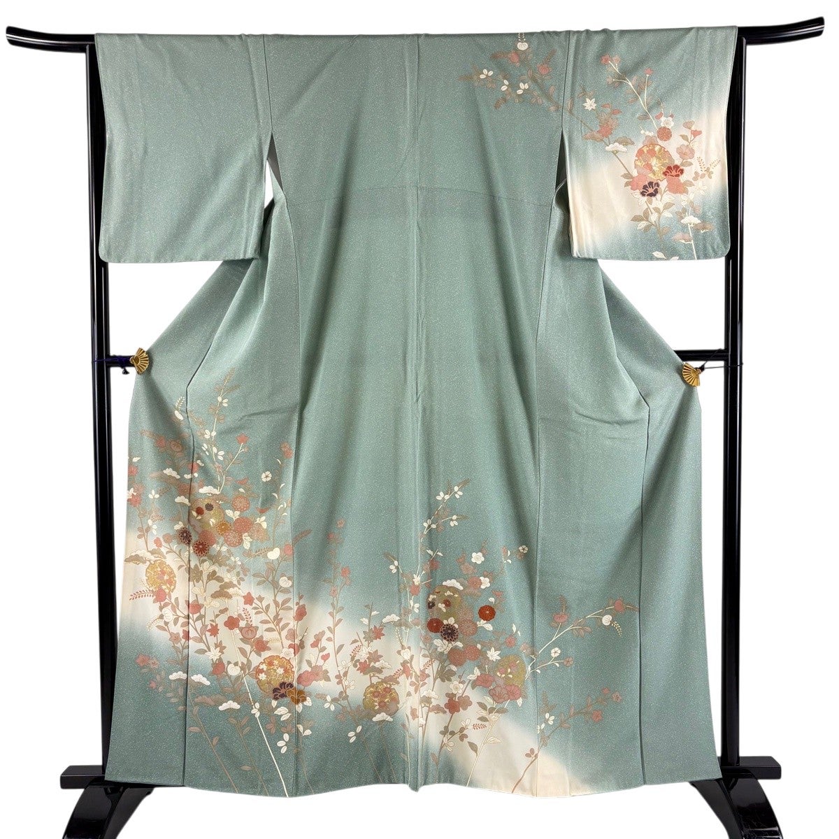 訪問着 身丈159cm 裄丈68.5cm L 袷 枝花 萩 金彩 ぼかし 薄緑 正絹 秀