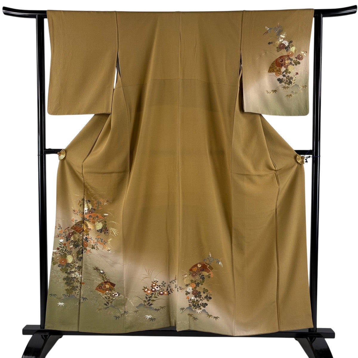 美品】 訪問着 身丈159cm 裄丈62cm S 袷 扇面 秋草 金銀彩 ぼかし 山吹