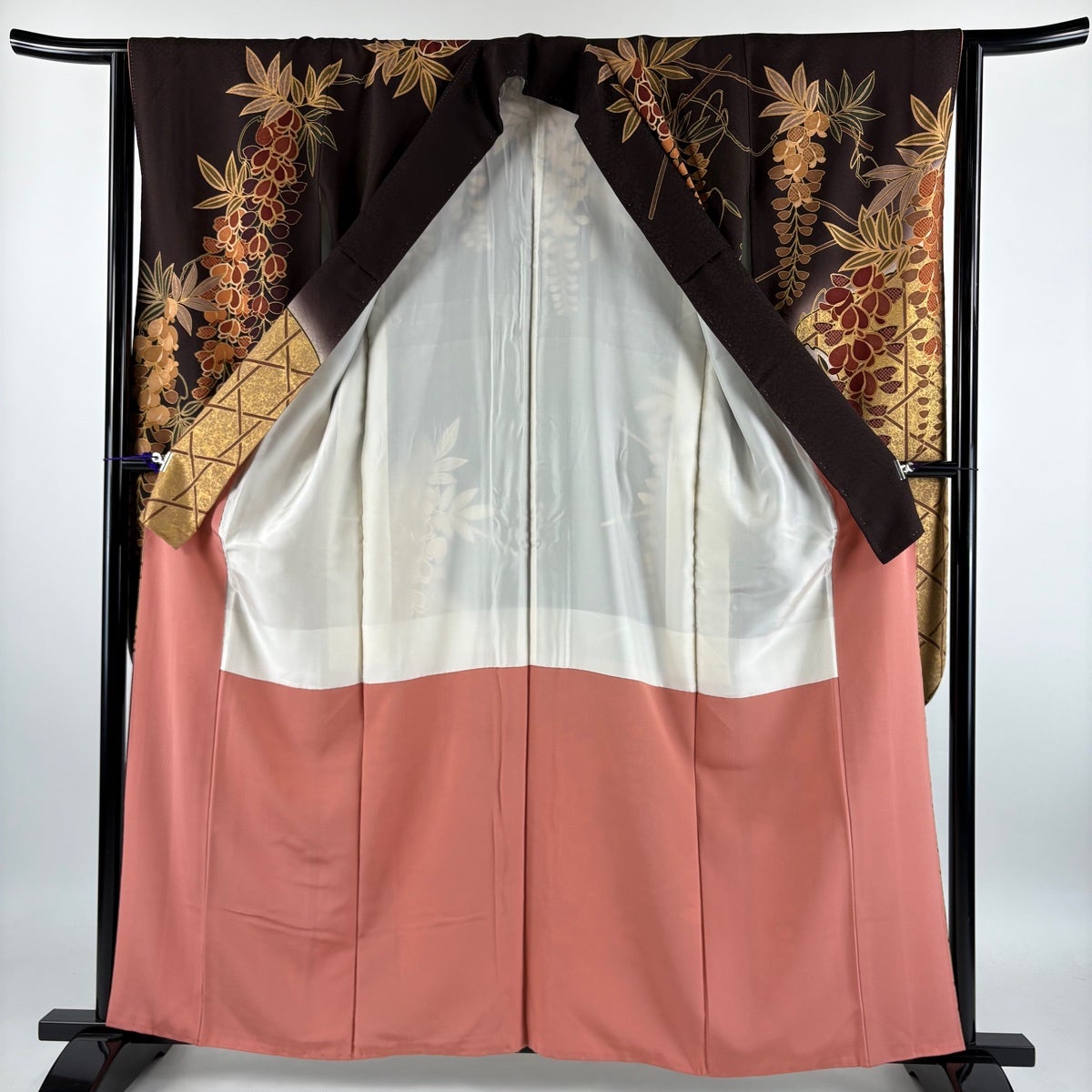 振袖 身丈159cm 裄丈63.5cm S 袷 藤 籠目 金糸 金彩 茶色 正絹 秀品
