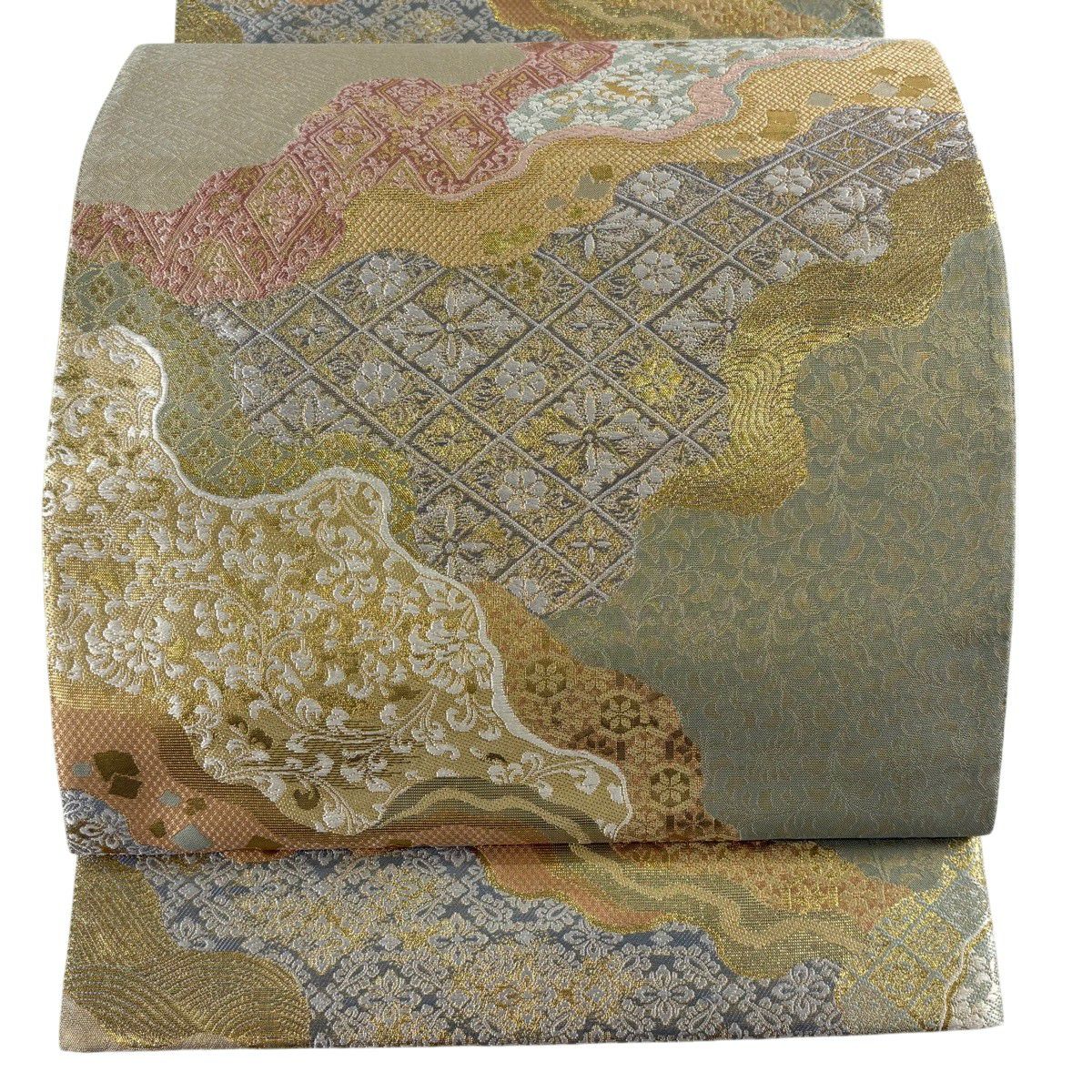 美品】 袋帯 秀品 道長取り 草花 箔 金糸 灰緑 六通 正絹|中古 美品】 袋帯 秀品 道長取り 草花 箔 金糸 灰緑 六通 正絹|中古