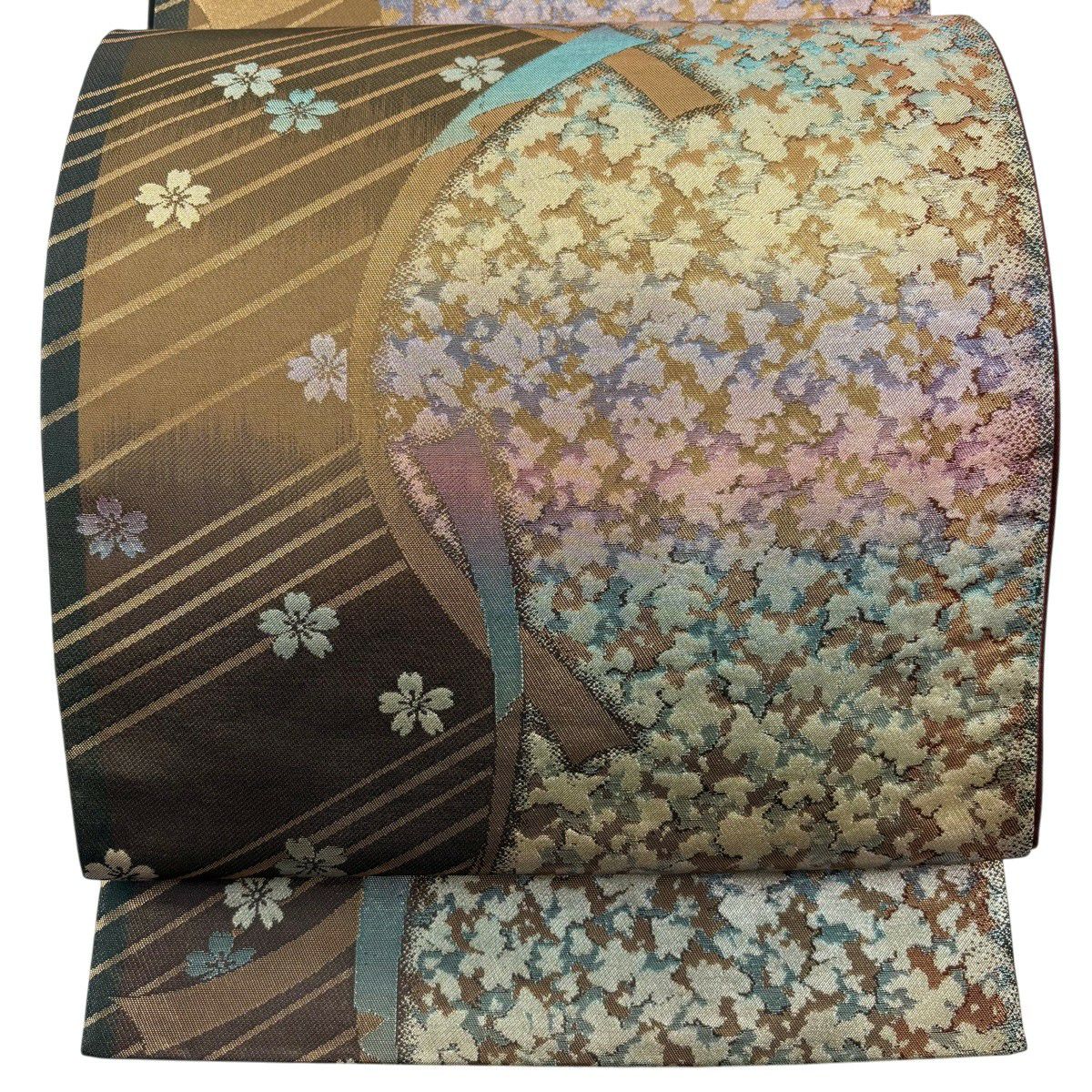 美品】 袋帯 秀品 扇面 牡丹 箔 金茶 六通 正絹｜中古・古着
