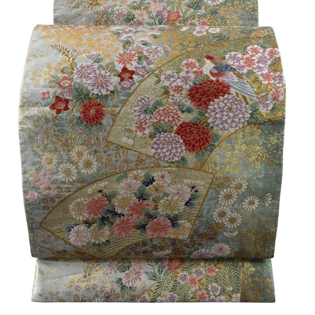 袋帯 名品 扇 花鳥 刺繍 金糸 薄紫 お太鼓柄 正絹｜中古・古着