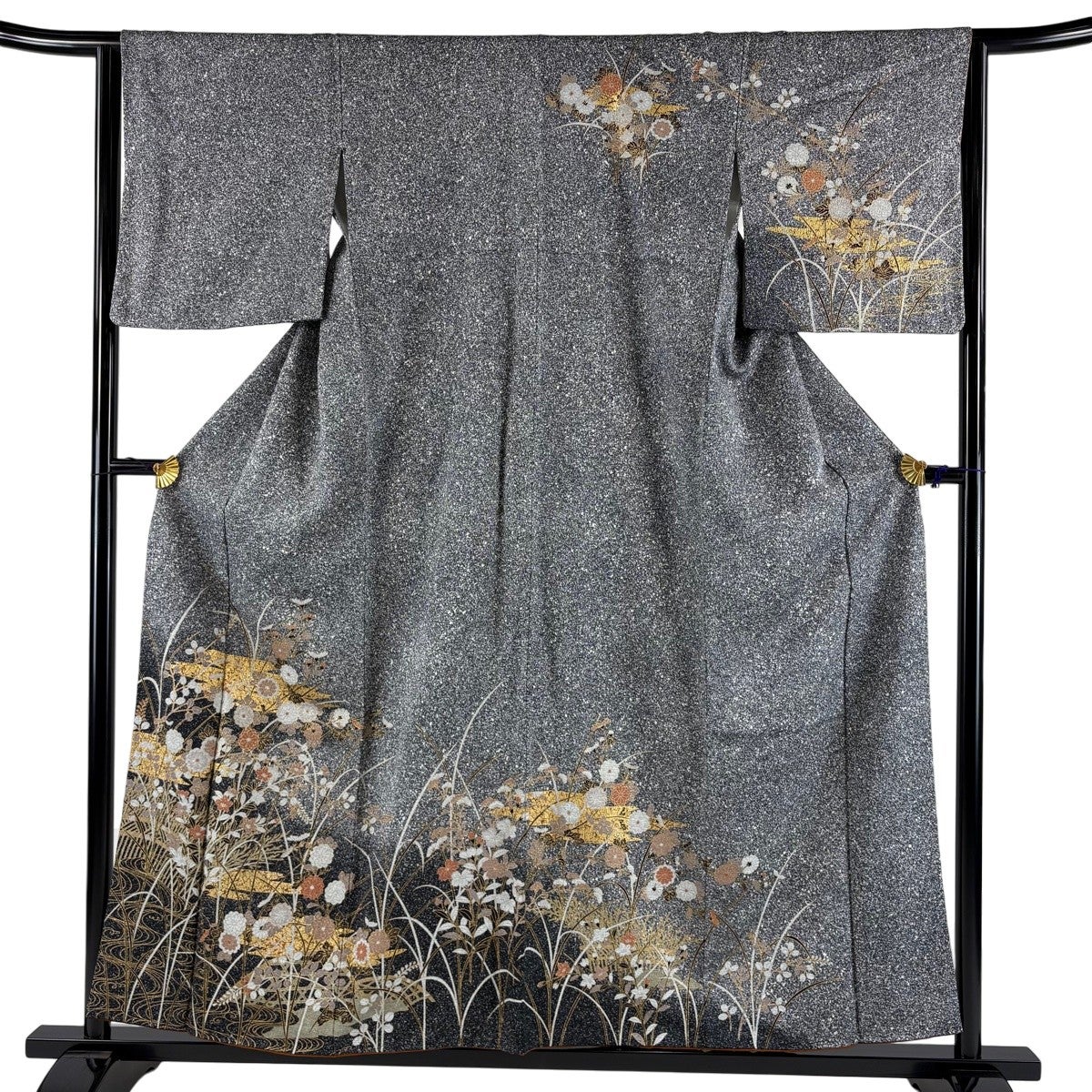 美品】 訪問着 身丈156cm 裄丈64cm M 袷 秋草 流水 金彩 黒灰 正絹 秀