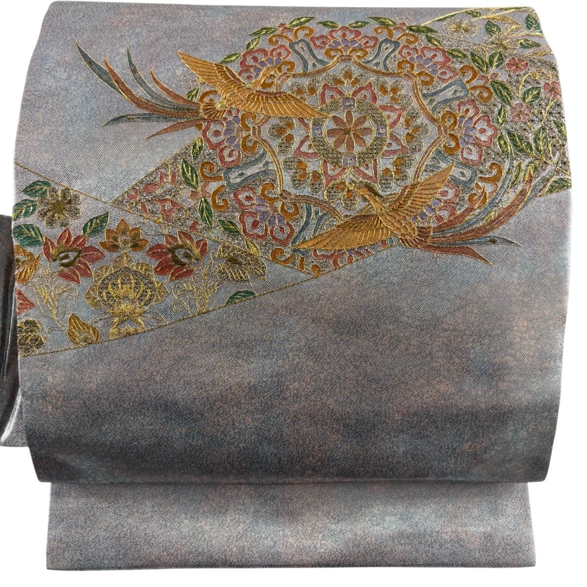 美品】 名古屋帯 秀品 華文 鳥 金糸 箔 銀色 正絹｜中古・古着