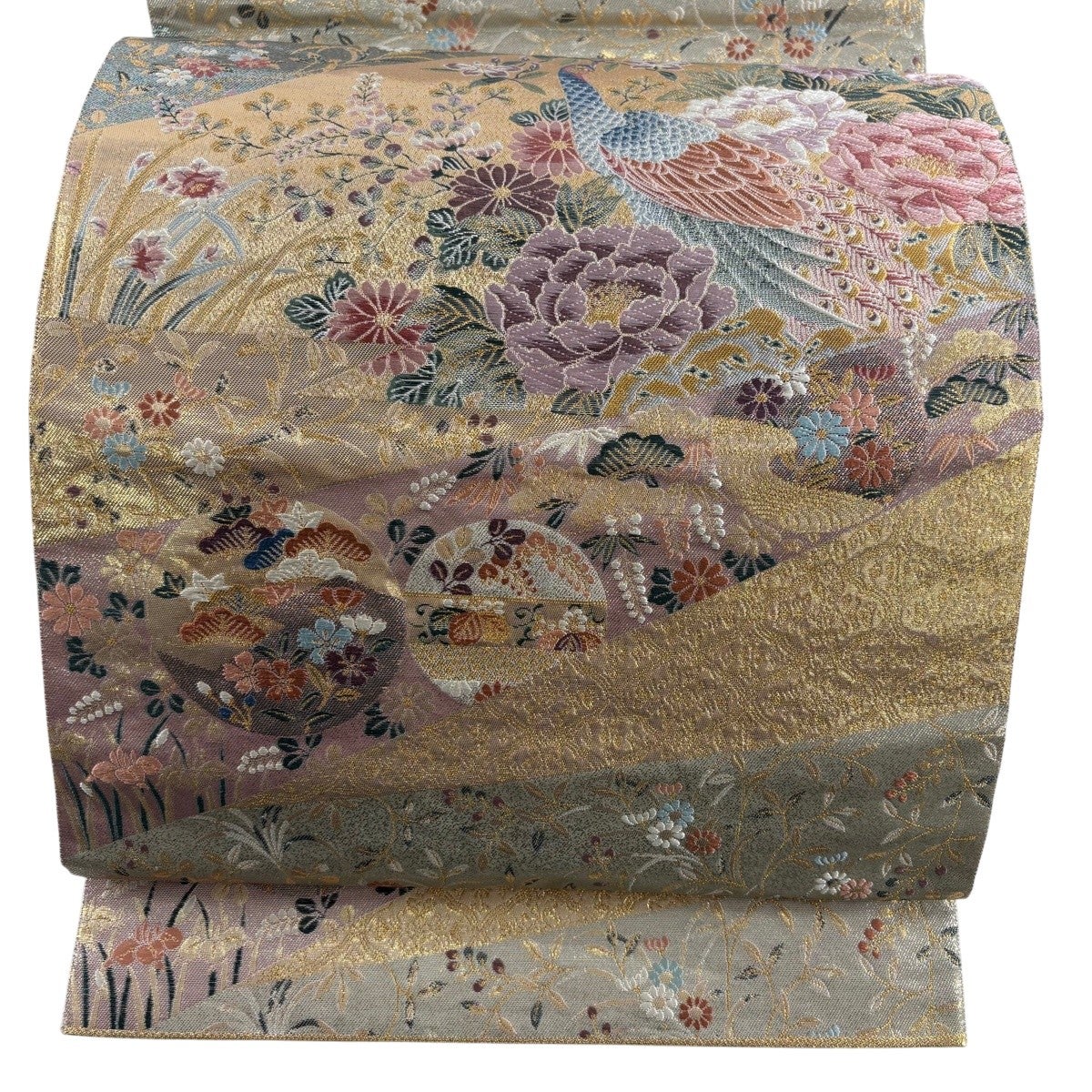 袋帯 秀品 関西仕立て 花鳥 華文 金銀糸 箔 緑 六通 正絹｜中古・古着