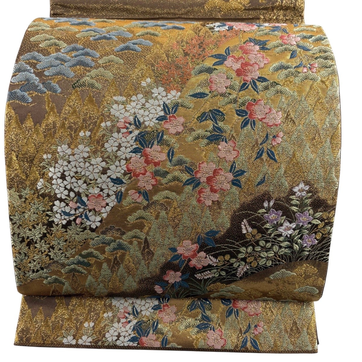 名古屋帯 秀品 関西仕立て 桜 萩 刺繍 金糸 薄茶色 正絹｜中古・古着