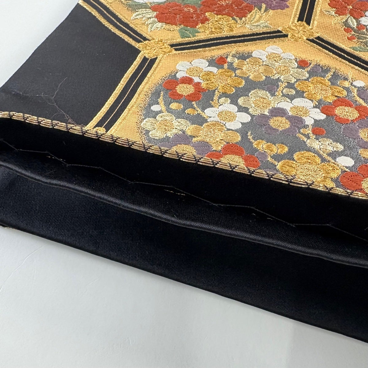 美品】 袋帯 秀品 亀甲 草花 金糸 箔 黒 六通 正絹｜中古・古着
