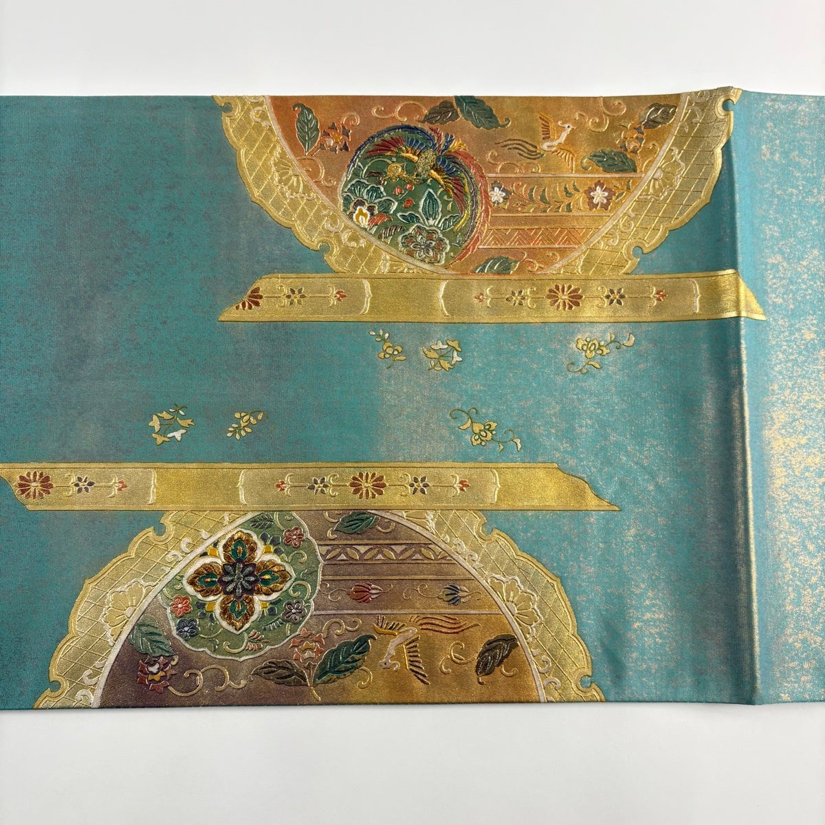 袋帯 秀品 雪輪 花鳥 金糸 金銀彩 青緑 お太鼓柄 正絹|中古・古着 袋帯 秀品 雪輪 花鳥 金糸 金銀彩 青緑 お太鼓柄 正絹|中古・古着