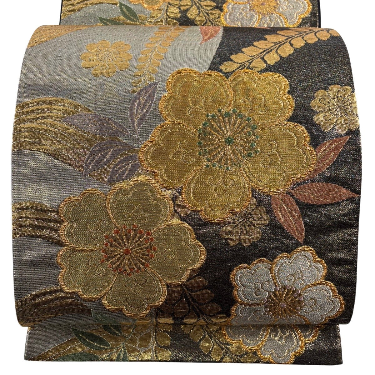 袋帯 秀品 草花 流水 金銀糸 箔 黒 六通 正絹｜中古・古着・リサイクル