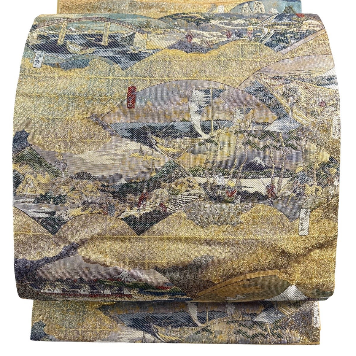 袋帯 秀品 扇面 風景 金糸 箔 金色 お太鼓柄 正絹｜中古・古着