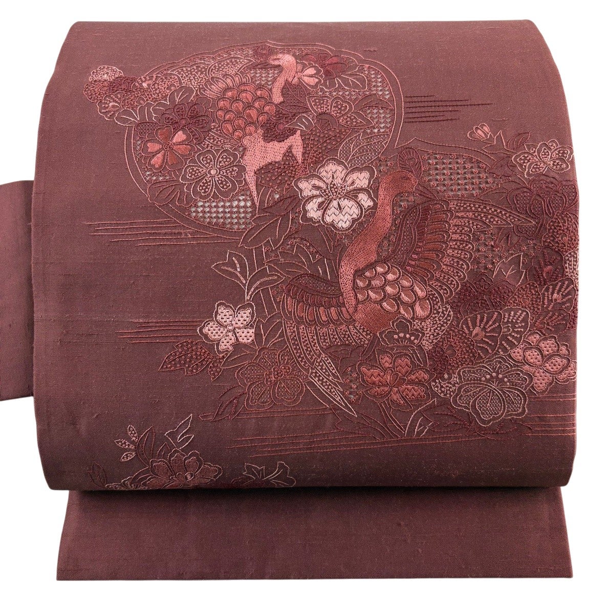 美品】 名古屋帯 秀品 紬地 孔雀 草花 刺繍 赤紫 正絹｜中古・古着