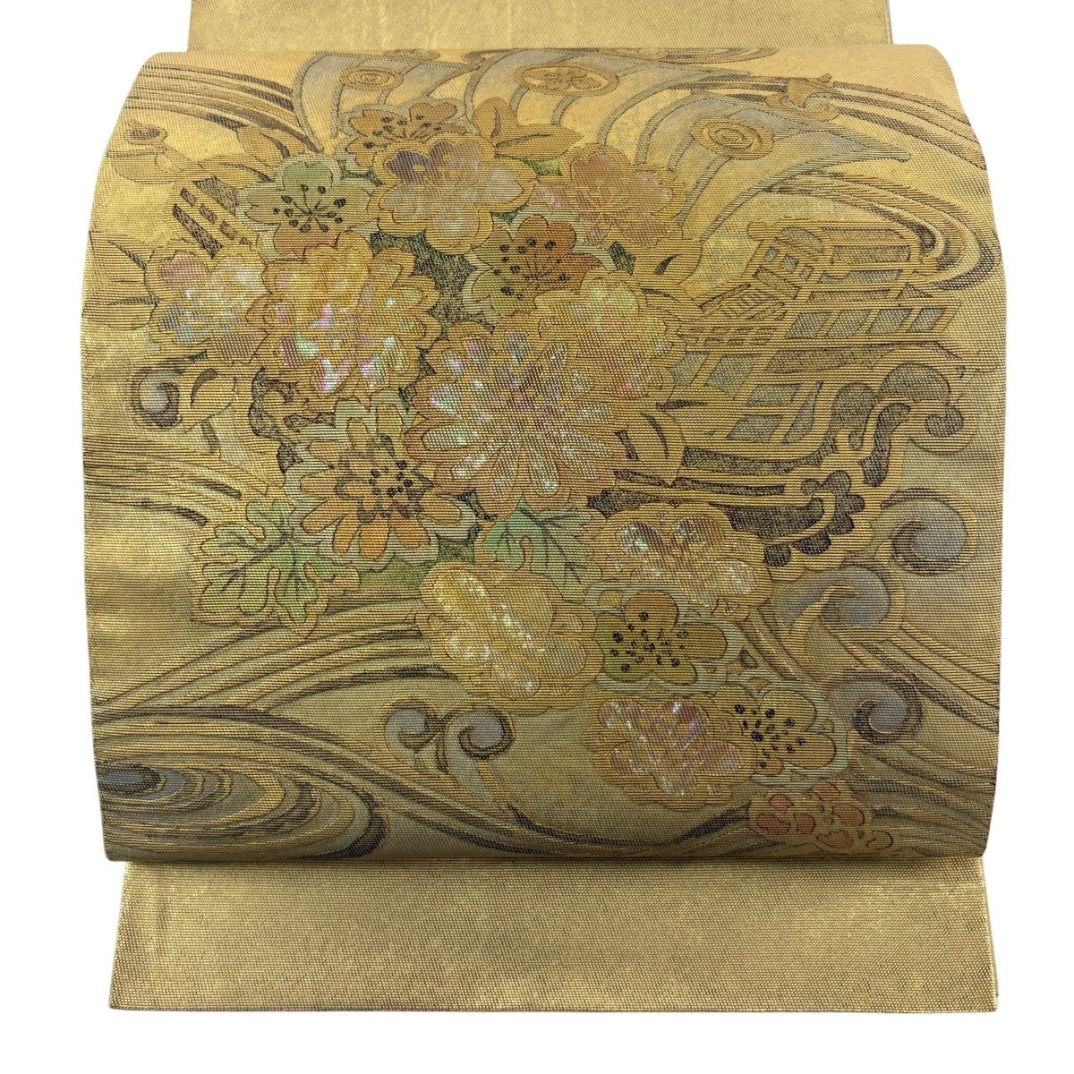 袋帯 秀品 やまと 草花 うさぎ 螺鈿 箔 紫 お太鼓柄 正絹｜中古・古着