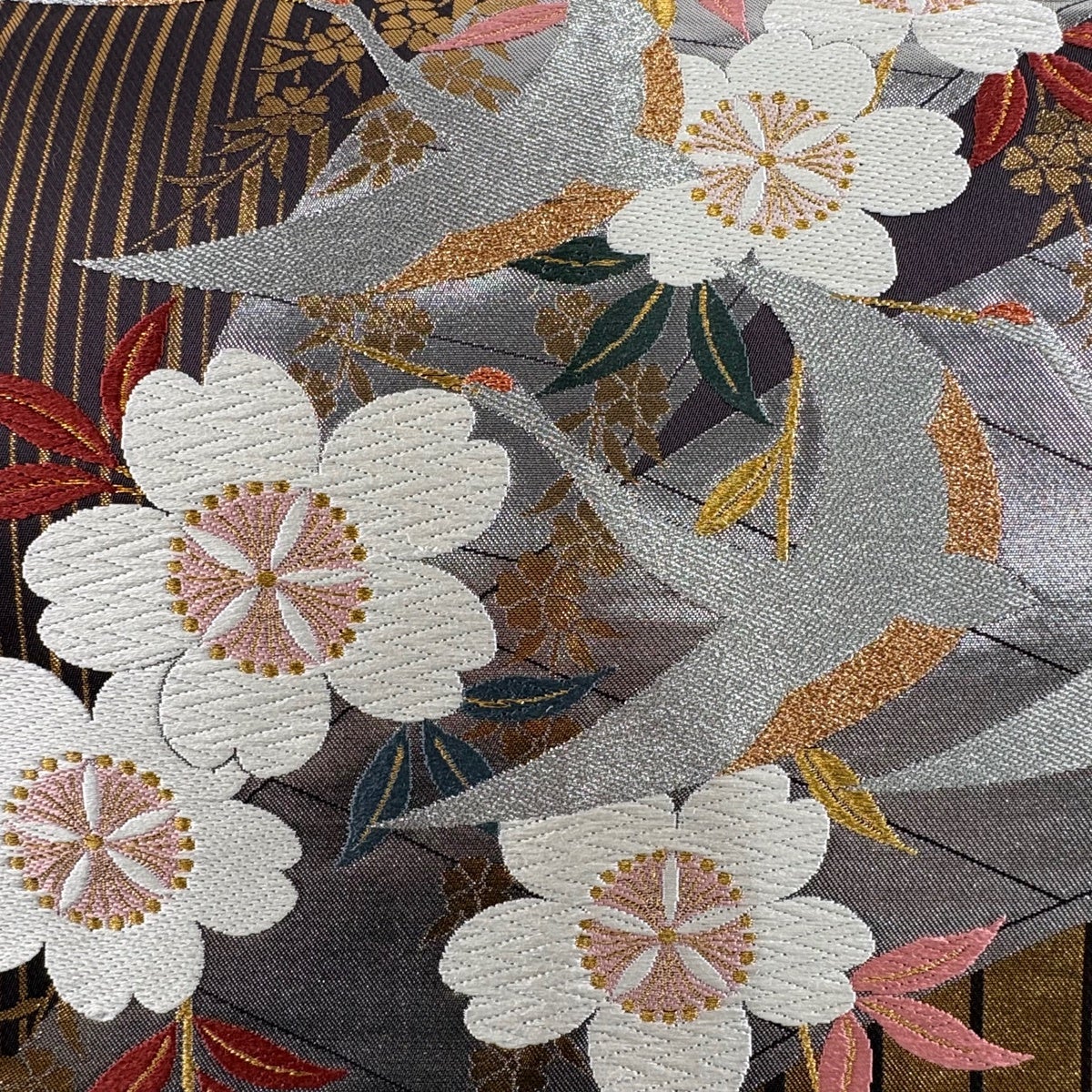 袋帯 秀品 桜 鶴 金銀糸 箔 濃紫 全通 正絹｜中古・古着・リサイクル