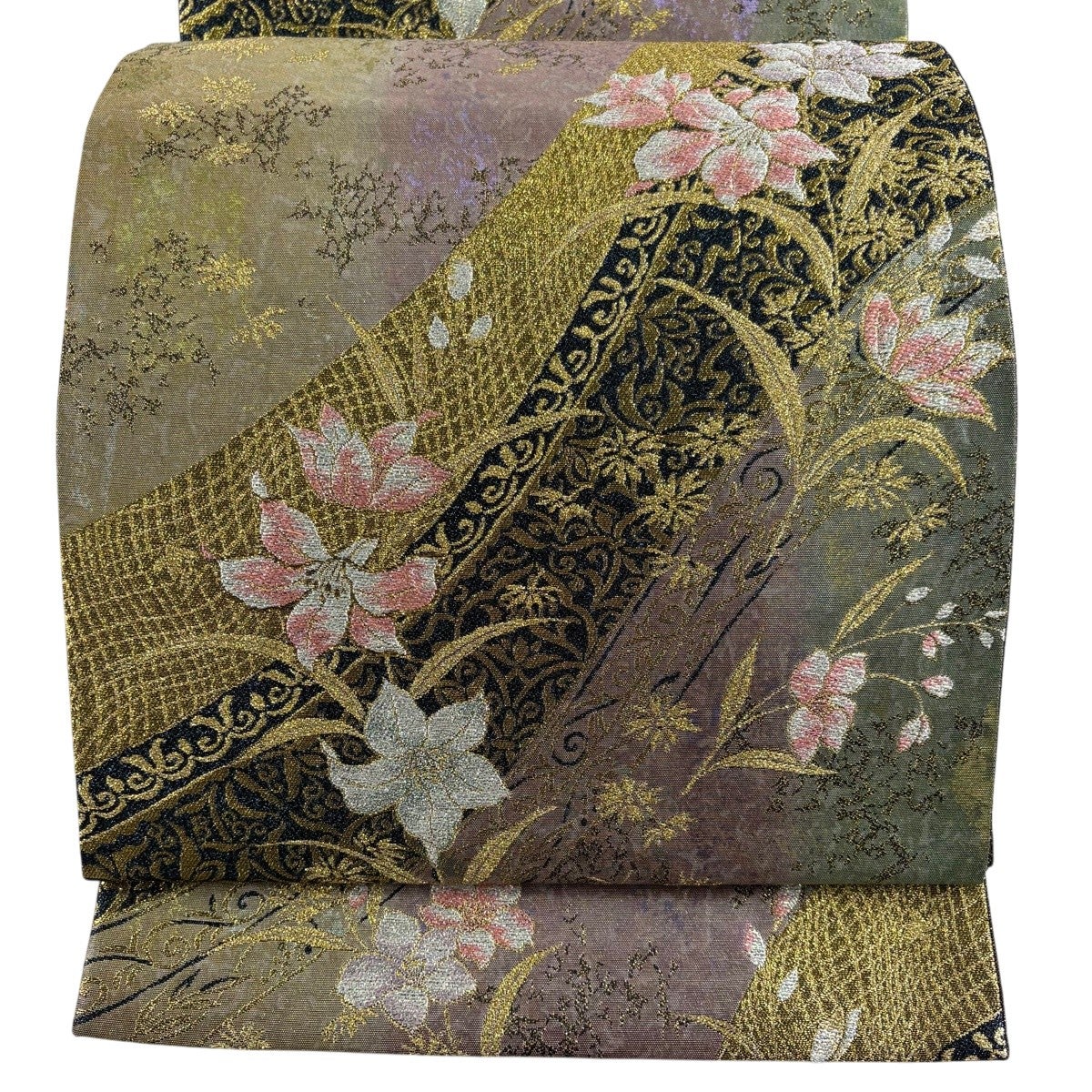 最終価格】 77%OFF 【美品】 袋帯 秀品 華文 草花 金銀糸 唐織 金色 六