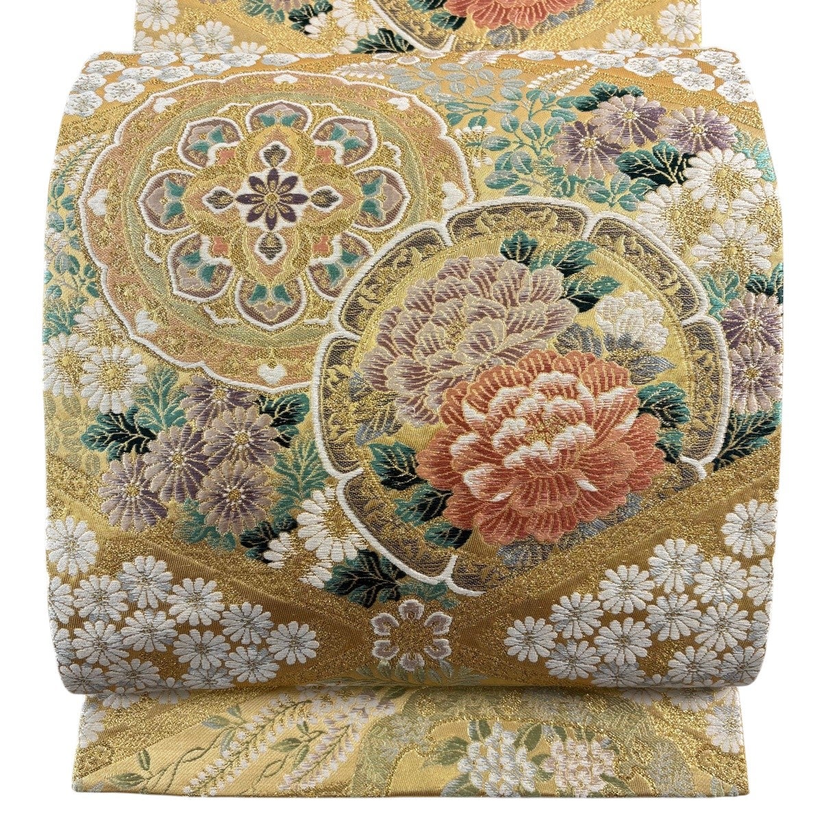 名品コレクション 袋帯 ベージュ 黄色 花唐草  華文  六通 名品コレクション 袋帯 ベージュ 黄色 花唐草 華文 六通 袋帯 逸品