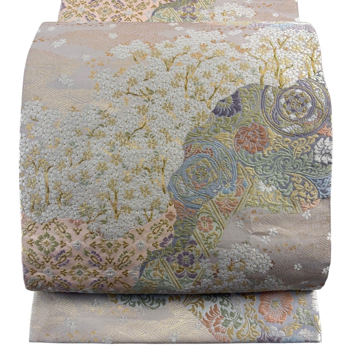 袋帯 中古 リサイクル 正絹 フォーマル 仕立て上がり 六通 花菱模様 灰白色 薄色 金銀 きもの北條 A1032-10 袋帯 中古 リサイクル 正絹 フォーマル 仕立て上がり 六通 花菱模様