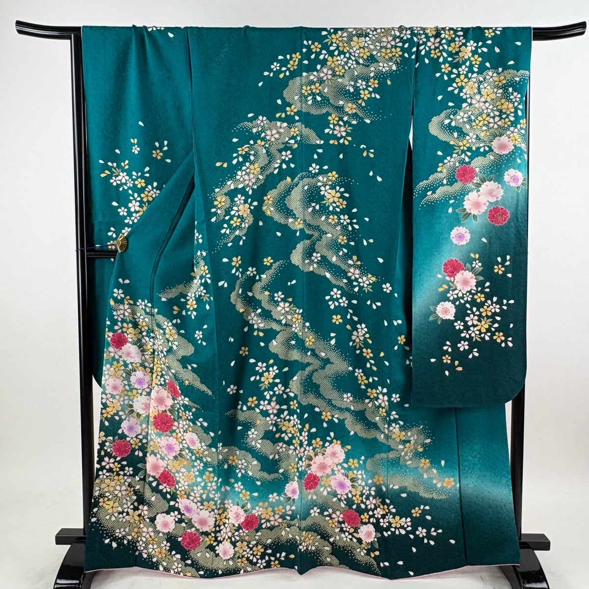 美品】 振袖 身丈166cm 裄丈68.5cm L 袷 袋帯フルセット 桜 霞 箔 金彩