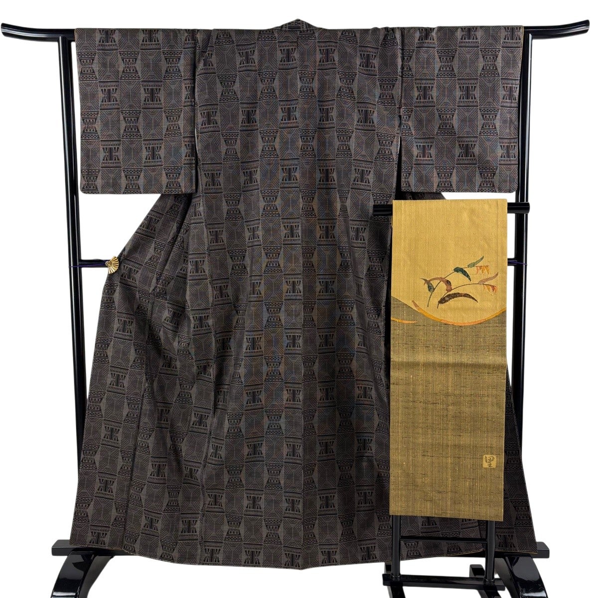 美品】 大島紬 身丈160.5cm 裄丈66cm M 袷 名古屋帯セット 純泥染 証紙