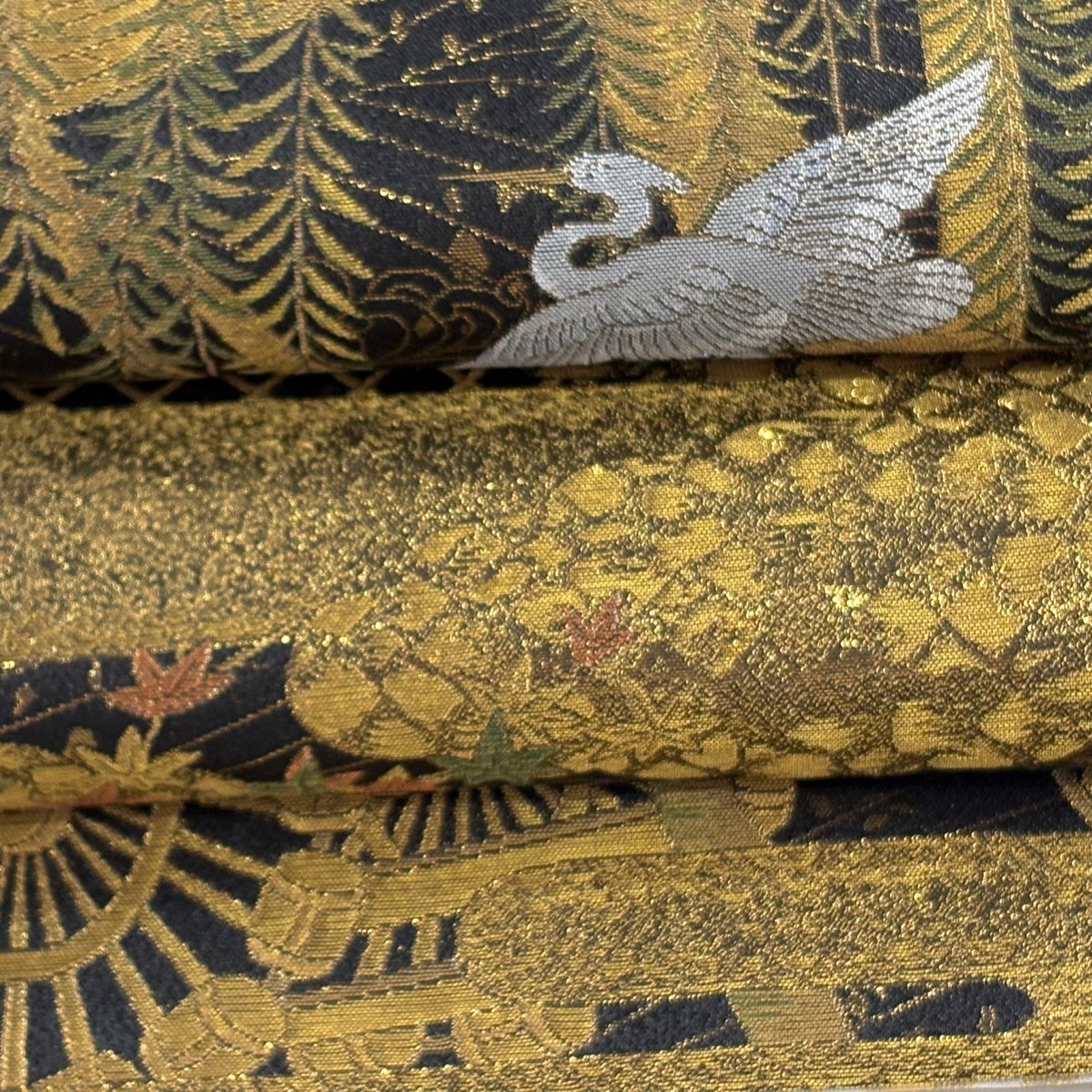 美品】 袋帯 逸品 全通美術画廊 リバーシブル 鷺 柳 金糸 箔 黒 全通