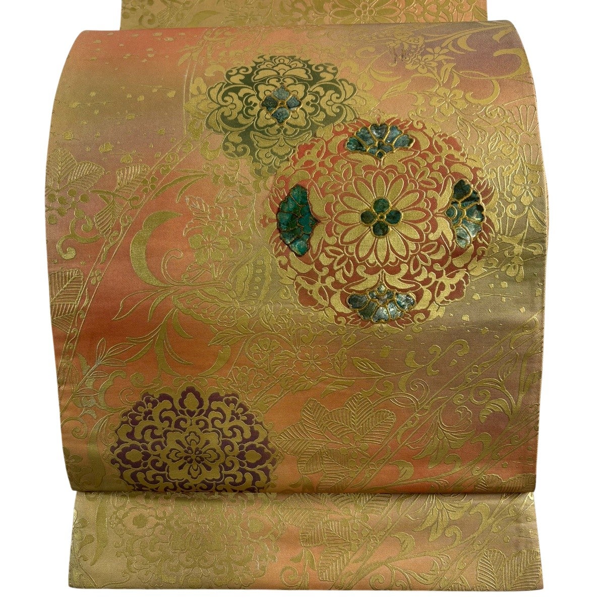 【未使用品】袋帯　ピンク真珠　螺鈿金彩　鳳凰　唐花　深緑　お太鼓柄 袋帯 名品 鳳凰 花唐草 螺鈿 金彩 薄緑 お太鼓柄 正絹｜中古・古着