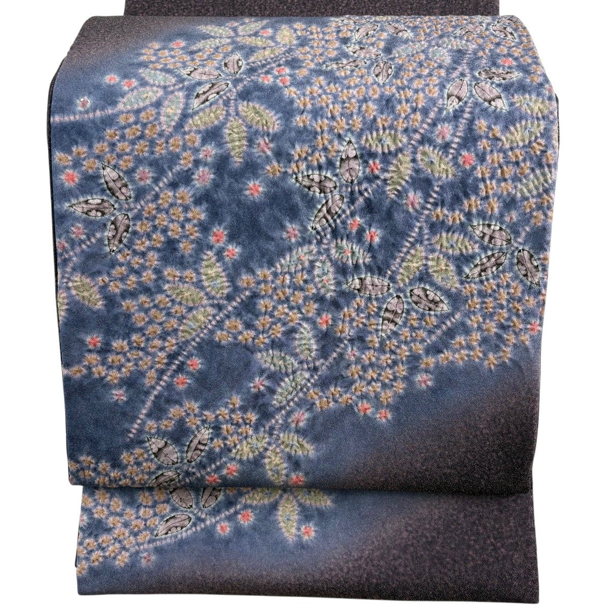 美品】 袋帯 名品 落款あり 草花 銀糸 絞り 紫 お太鼓柄 正絹｜中古
