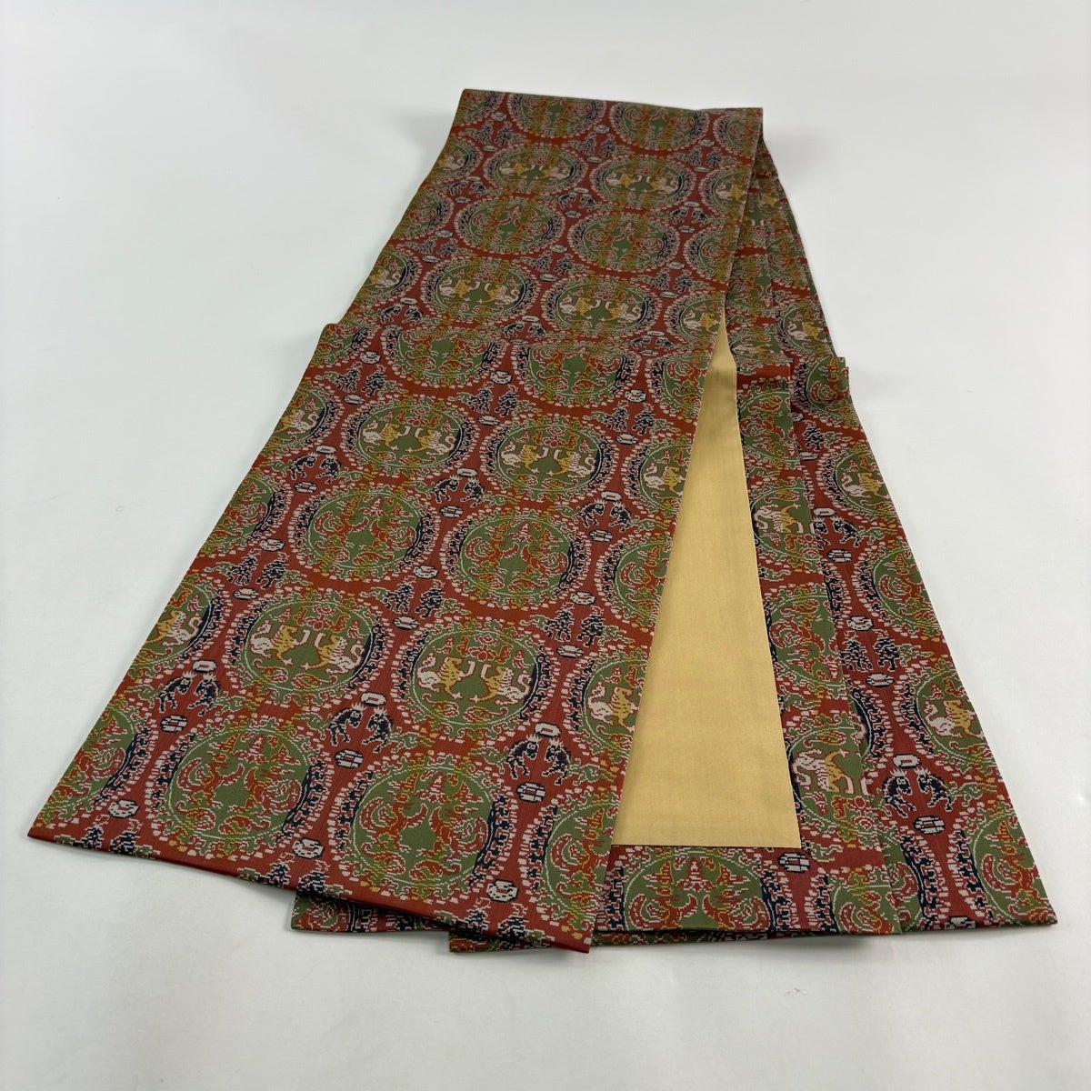 美品】 開き名古屋帯 名品 龍村美術織物 動物 華文 赤茶 正絹｜中古