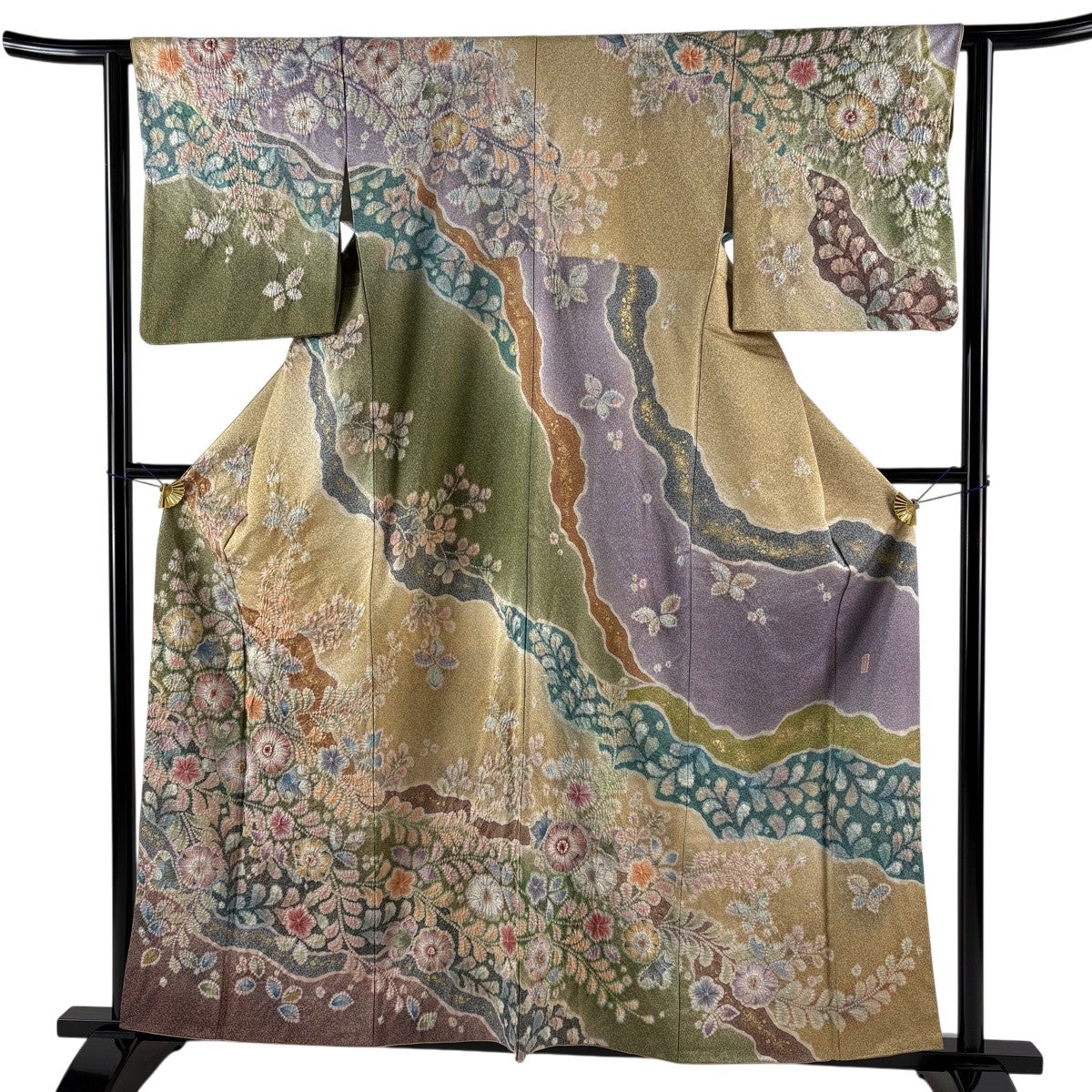 訪問着 身丈161.5cm 裄丈64.5cm M 袷 落款あり 扇 草花 金彩 金通し