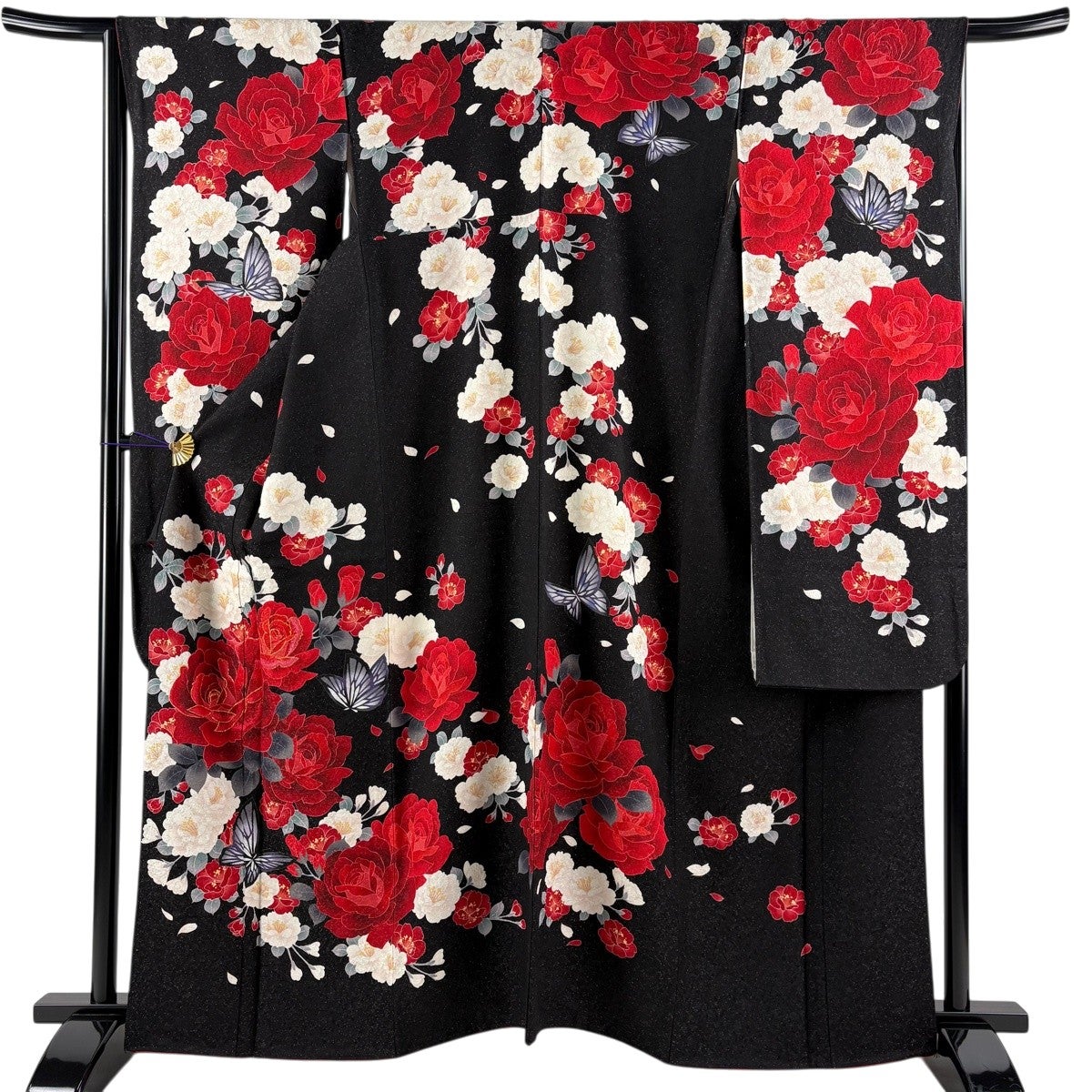 美品】 振袖 身丈161cm 裄丈66cm M 袷 薔薇 蝶 刺繍 銀通し 黒 正絹