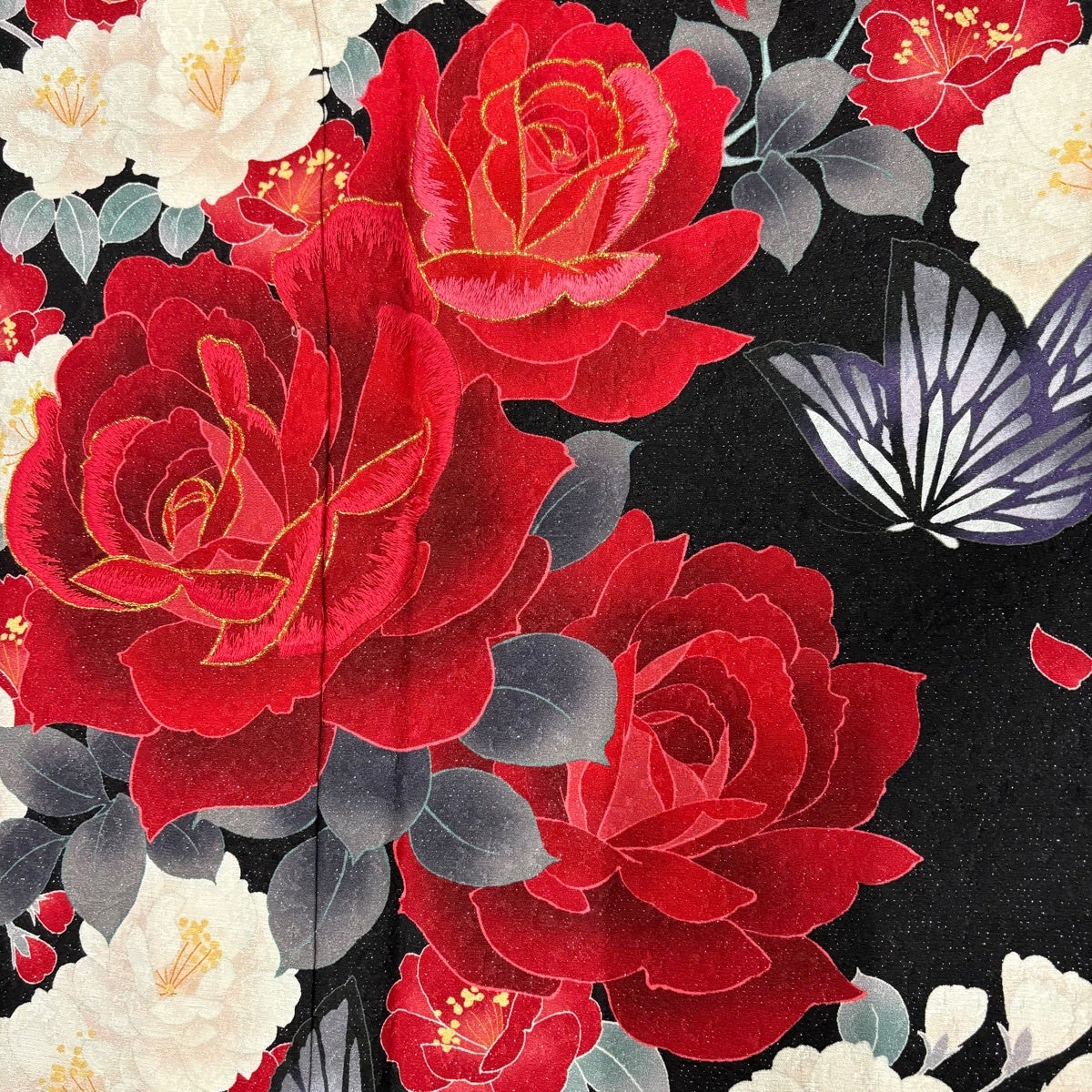 美品】 振袖 身丈161cm 裄丈66cm M 袷 薔薇 蝶 刺繍 銀通し 黒 正絹