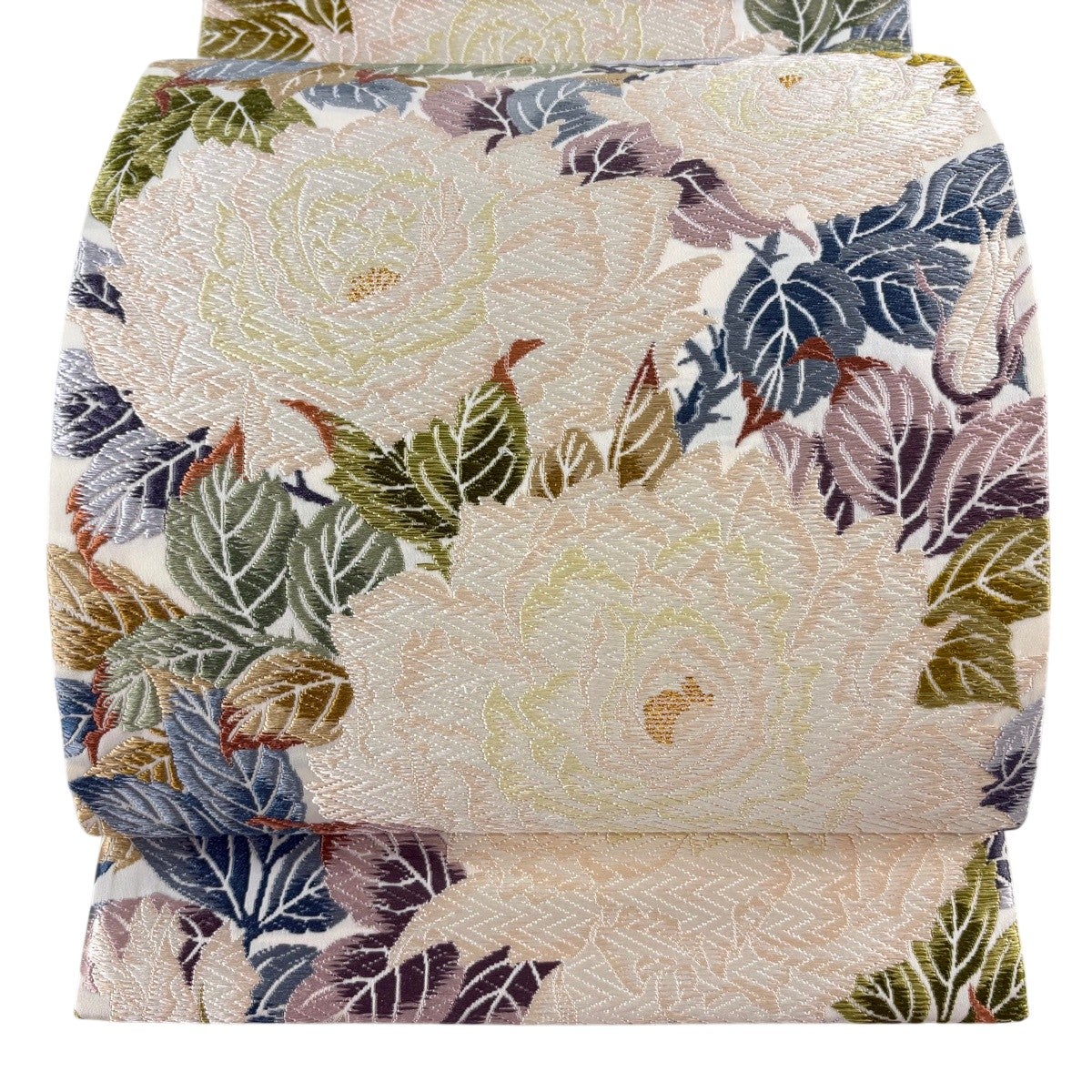 O0910 美品 逸品 お洒落 薔薇尽くし 正絹 袋帯 袋帯 逸品 薔薇 金糸 唐織 クリーム 六通 正絹｜中古・古着