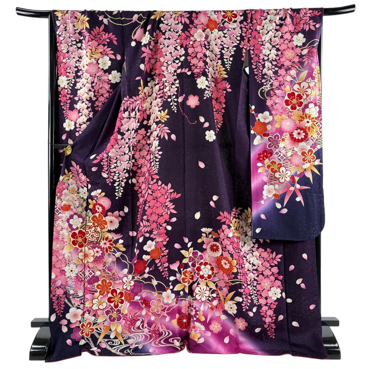 振袖 身丈174cm 裄丈72cm 正絹 名品 【中古】 美品】 振袖 身丈174cm 裄丈72cm L 袷 手鞠 桜 銀通し 金彩 濃紫 正絹