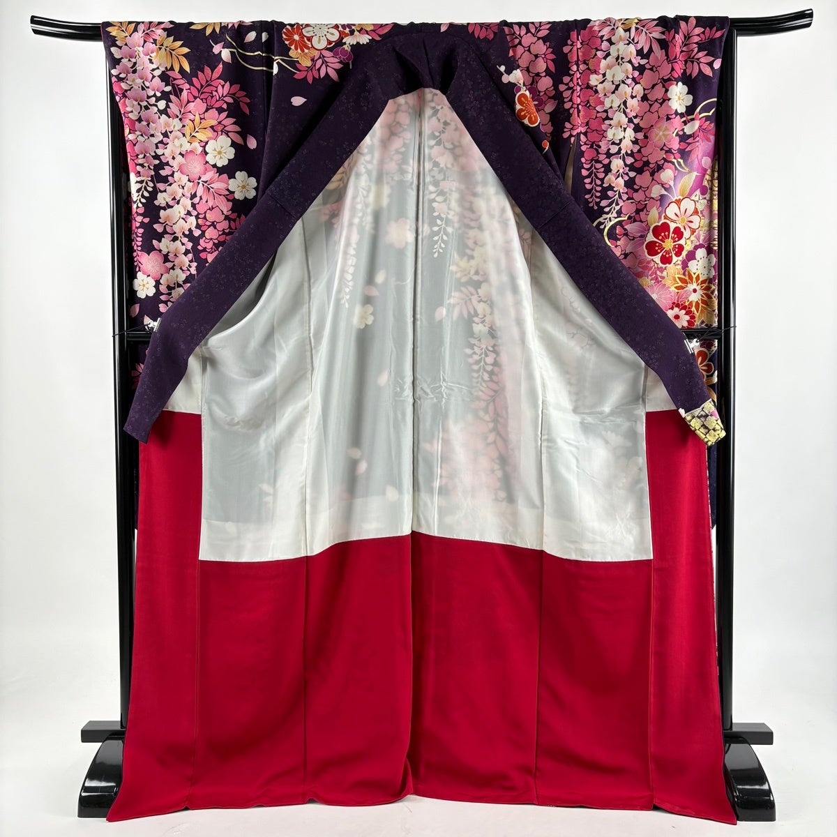 美品】 振袖 身丈174cm 裄丈72cm L 袷 手鞠 桜 銀通し 金彩 濃紫 正絹