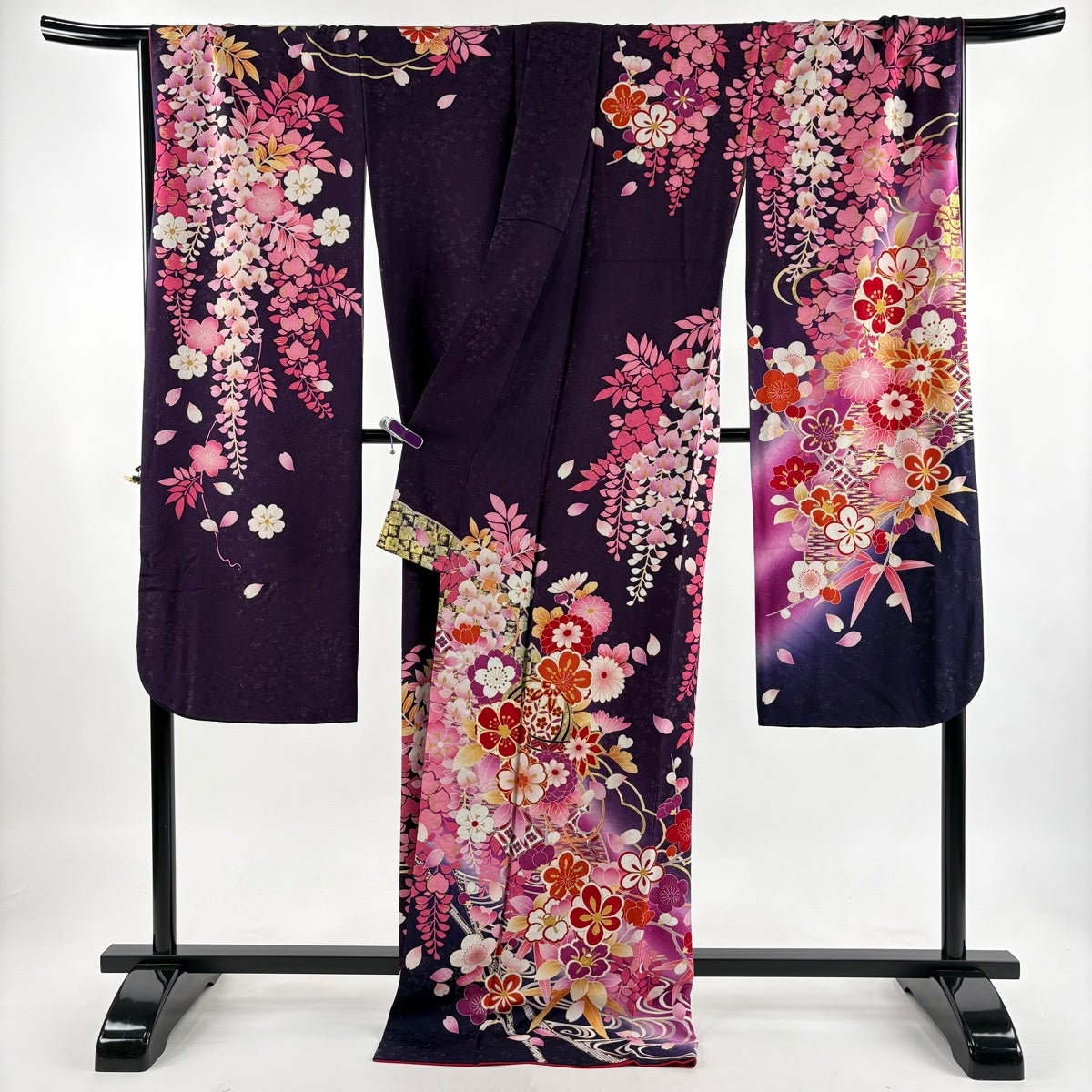 美品】 振袖 身丈174cm 裄丈72cm L 袷 手鞠 桜 銀通し 金彩 濃紫 正絹