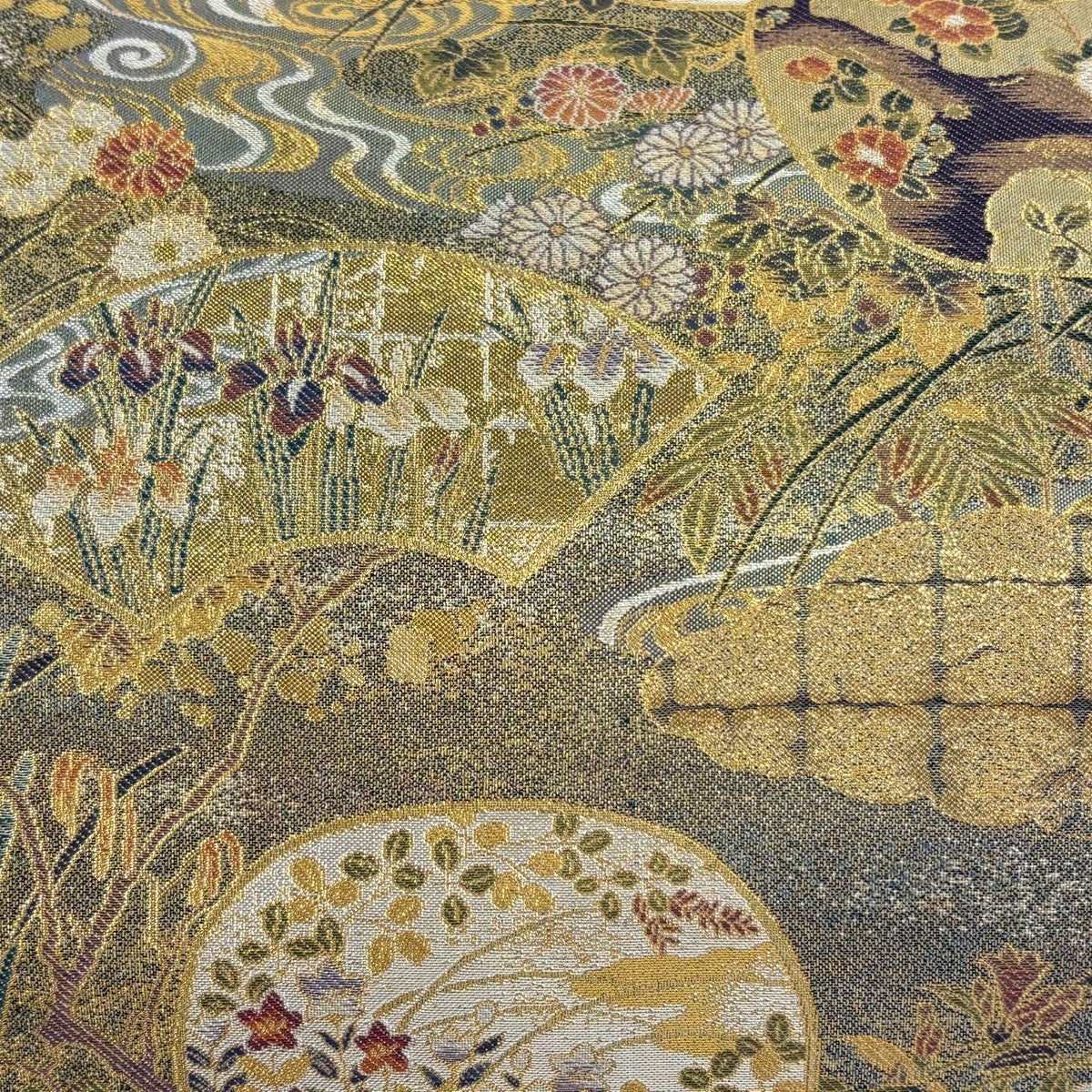 美品】 丸帯 逸品 本金箔全通丸帯 光琳抱一 琳派四季彩 扇面 草花 金糸
