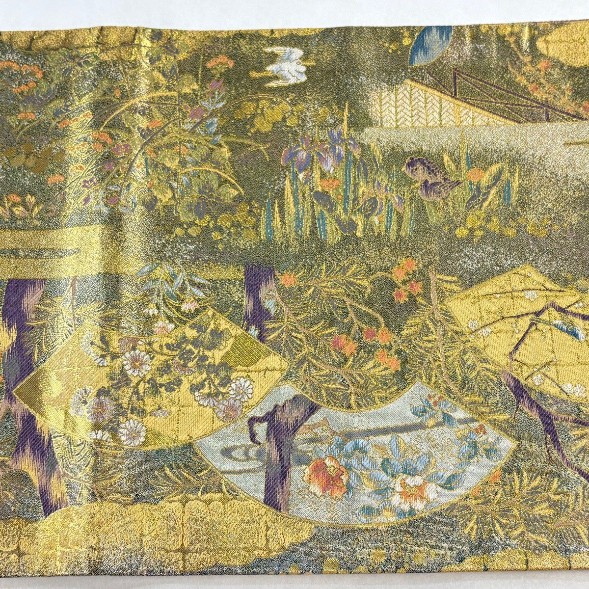 美品】 丸帯 逸品 本金箔全通丸帯 光琳抱一 琳派四季彩 扇面 草花 金糸