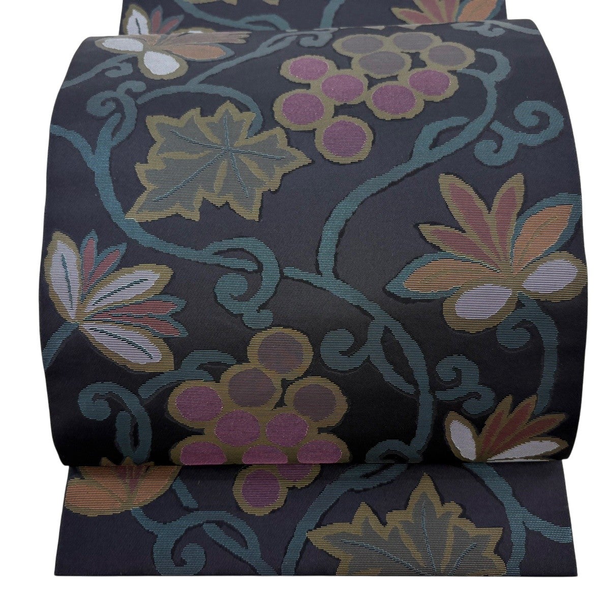 美品】 袋帯 秀品 葡萄唐草 華文 金銀糸 箔 青灰色 六通 正絹｜中古