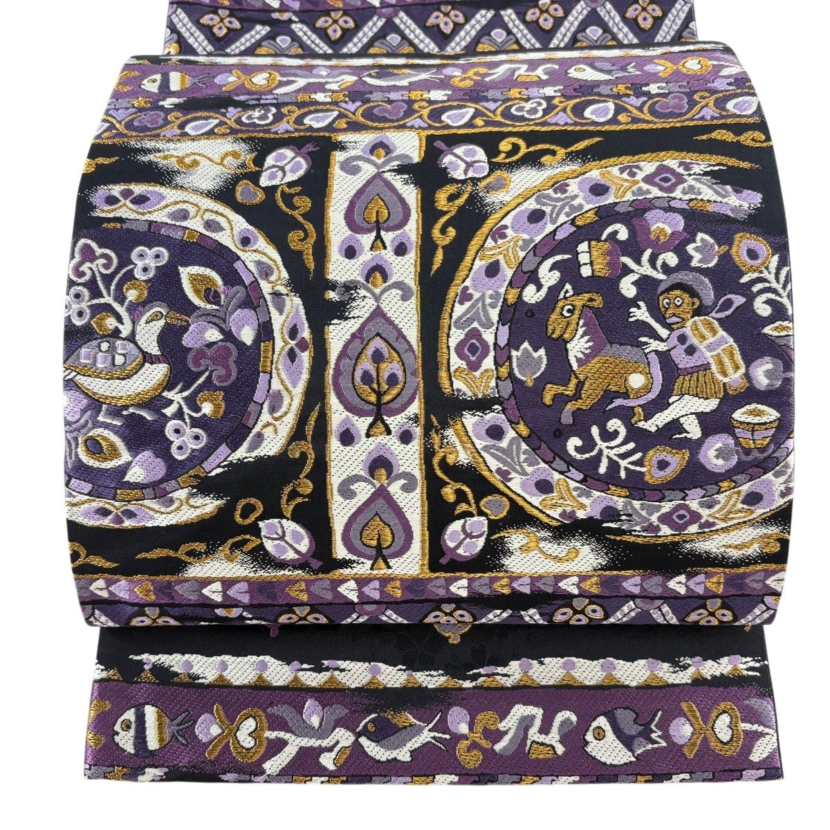 美品】 袋帯 名品 夏帯 絽 竹 草花 金銀糸 箔 黒 六通 正絹｜中古