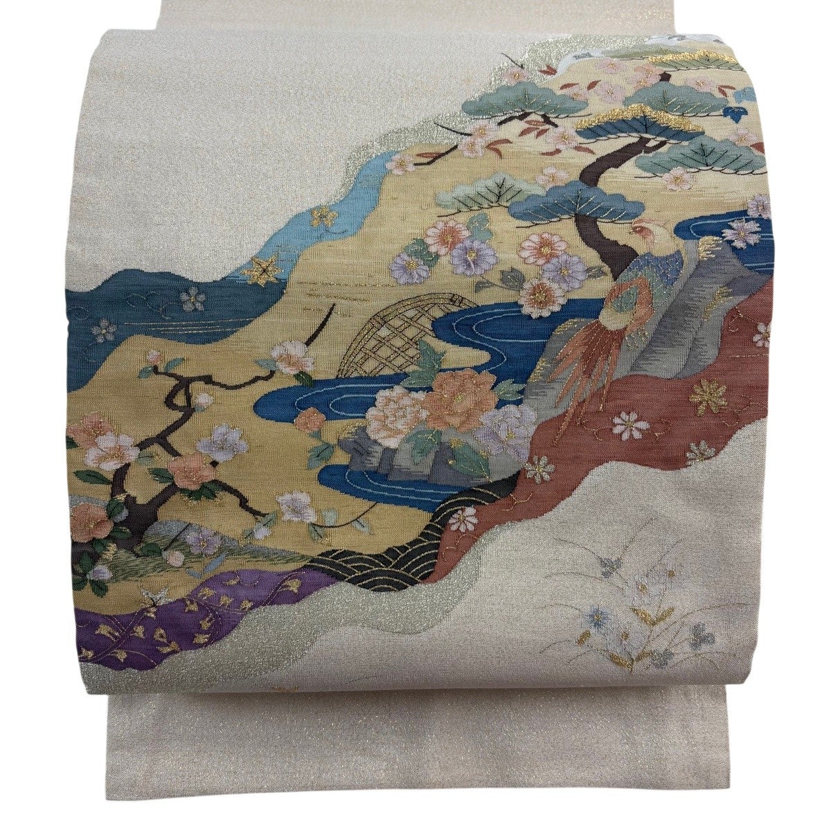 袋帯 逸品 花鳥 松 金銀糸 ベージュ お太鼓柄 正絹｜中古・古着