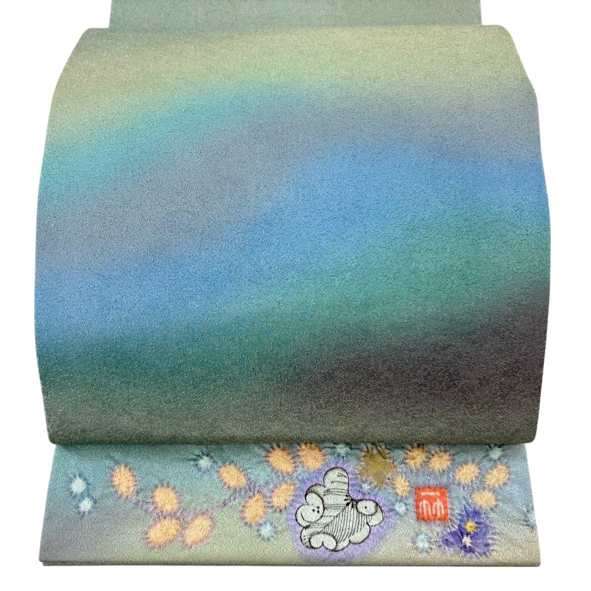 美品】 袋帯 逸品 久保田一竹工房 落款あり 霞 草花 金糸 薄緑 お太鼓