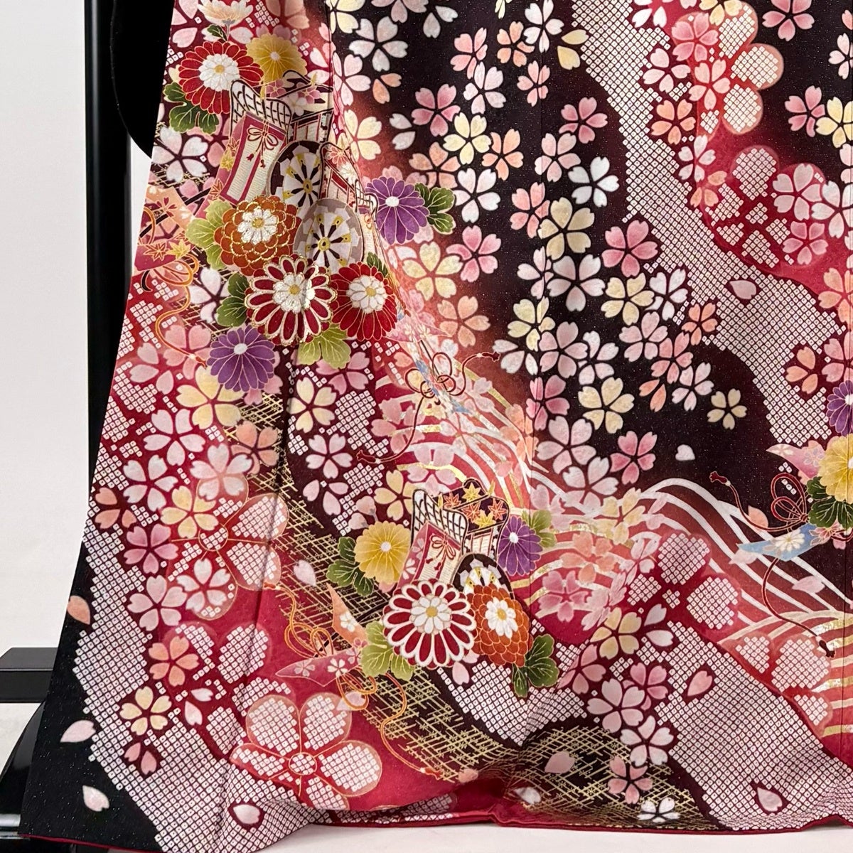 振袖 身丈171.5cm 裄丈69cm L 袷 御所車 草花 箔 銀通し 濃紫 正絹