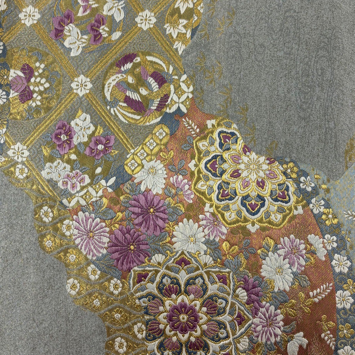 美品】 袋帯 逸品 じゅらく 落款あり 帝王紫 華文 向かい鳥 金糸 箔
