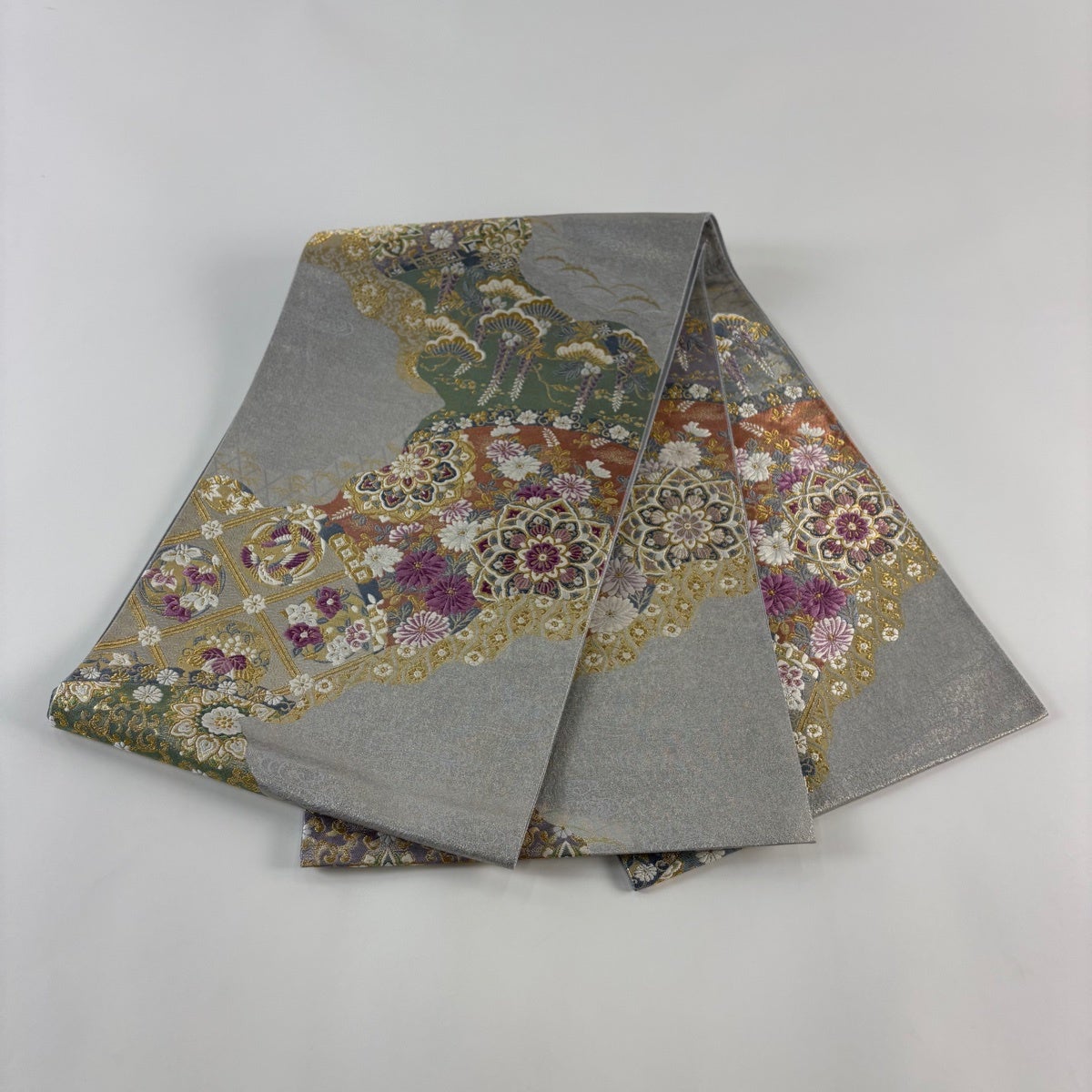 美品】 袋帯 逸品 じゅらく 落款あり 帝王紫 華文 向かい鳥 金糸 箔