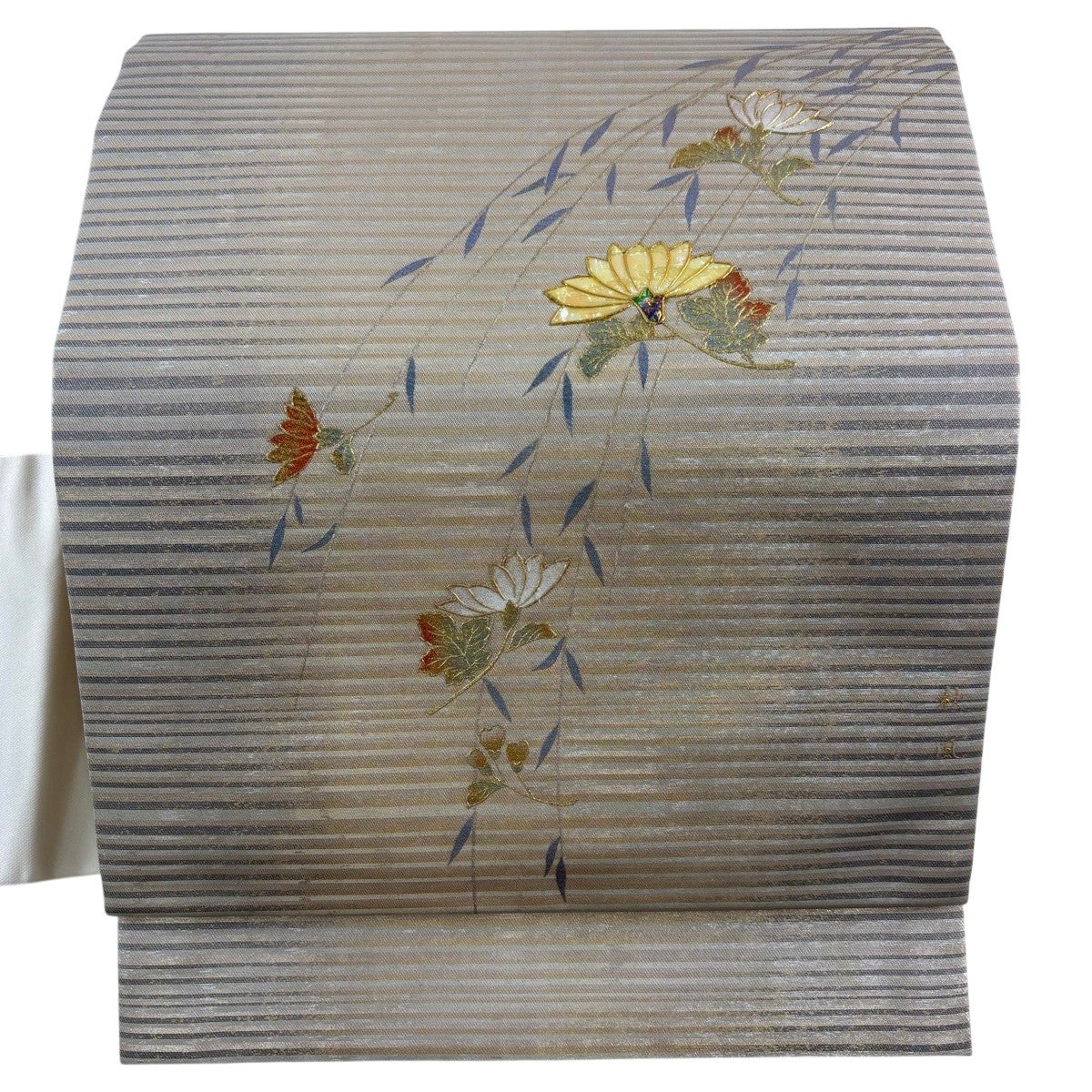 美品】 名古屋帯 名品 菊 縞 金銀彩 螺鈿 金色 正絹｜中古・古着